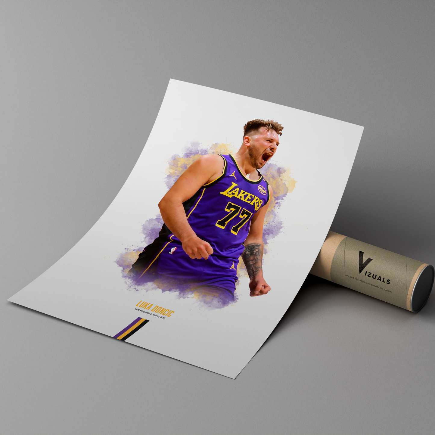 A framed poster of Luka Doncic in a Los Angeles Lakers basketball uniform, with purple and yellow colors prominent in the image.