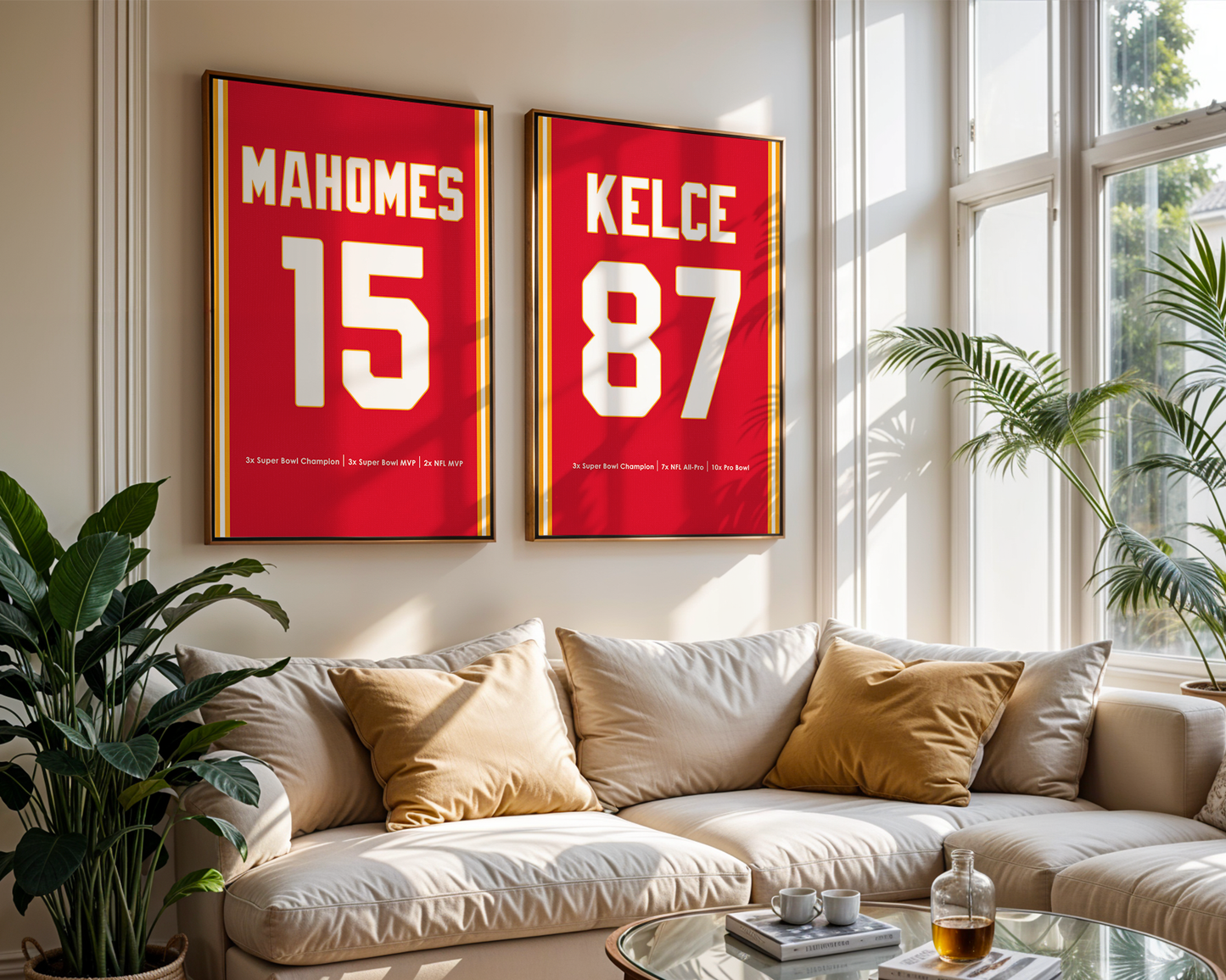 Living room with framed sports jerseys on the wall, featuring 'Mahomes' and 'Kelce'.