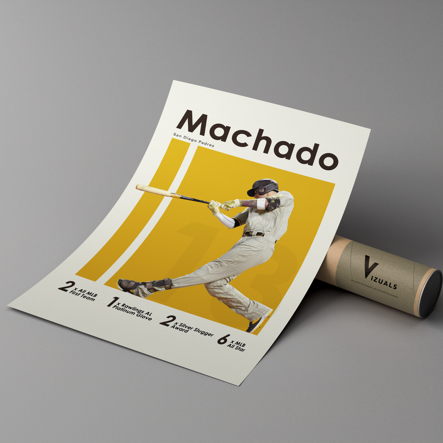 poster mockup leaning on a branded cardboard tube. poster of baseball player manny machado playing for the San Diego Padres.