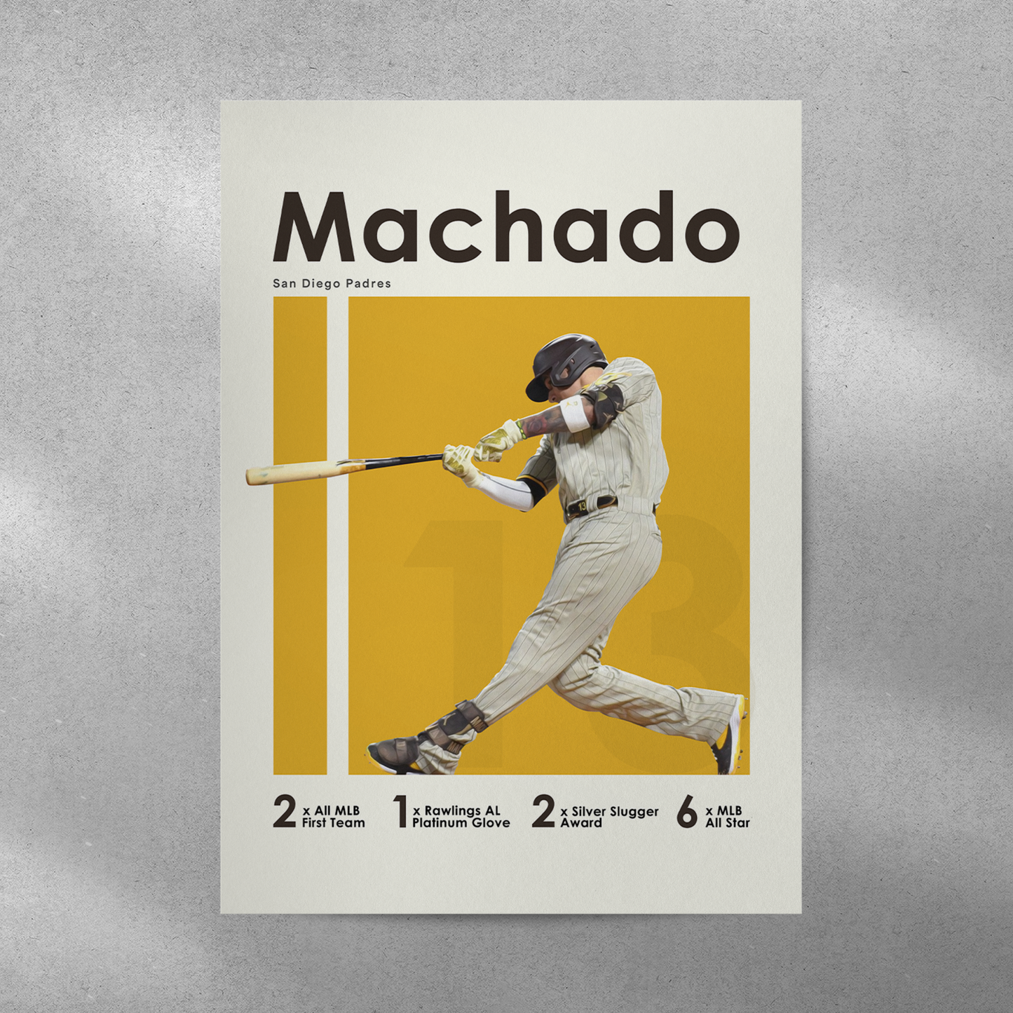 poster mockup on a grey wall. poster of baseball player manny machado playing for the San Diego Padres.