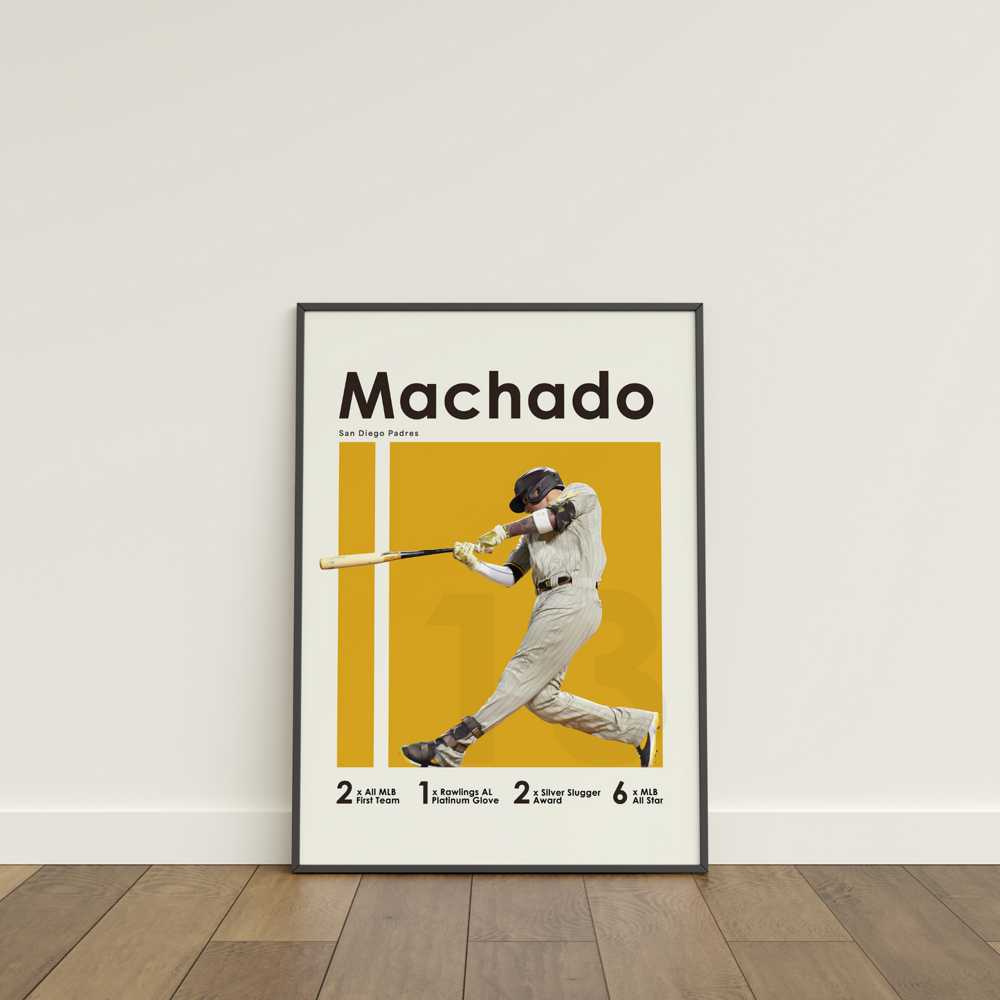 framed poster mockup leaning on a white wall. poster of baseball player manny machado playing for the San Diego Padres.