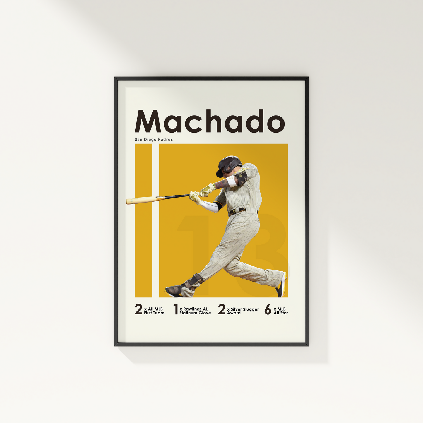 framed poster mockup hanging on a white wall. poster of baseball player manny machado playing for the San Diego Padres.
