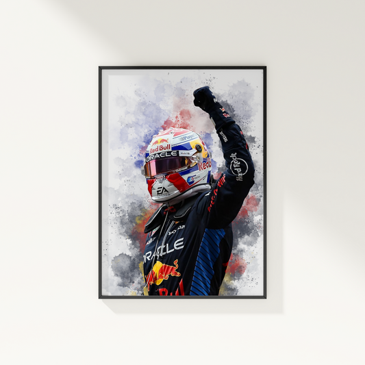 framed poster mockup hanging on a white wall. poster of formula 1 driver max verstappen celebrating for red bull.