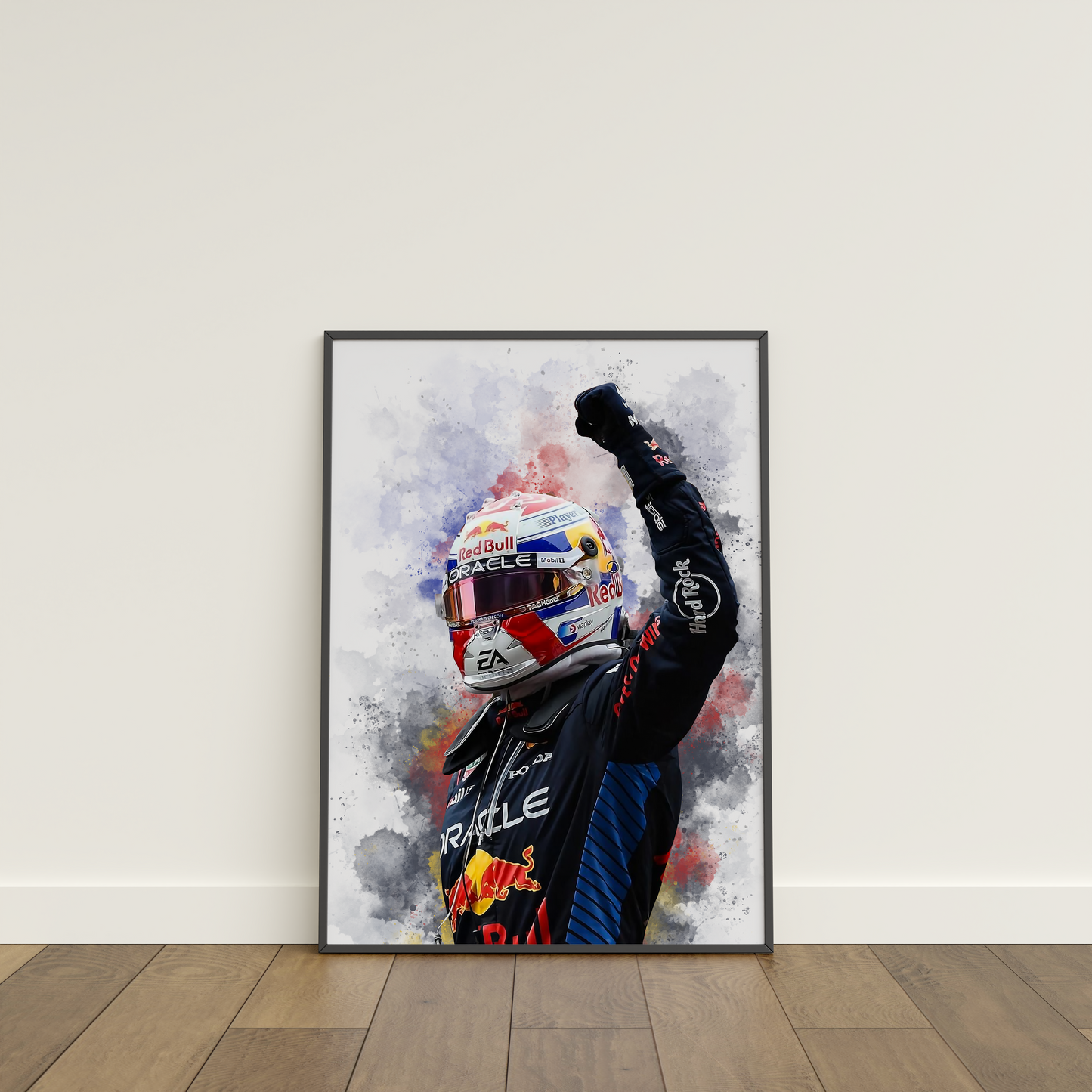 framed poster mockup leaning on a white wall. poster of formula 1 driver max verstappen celebrating for red bull.
