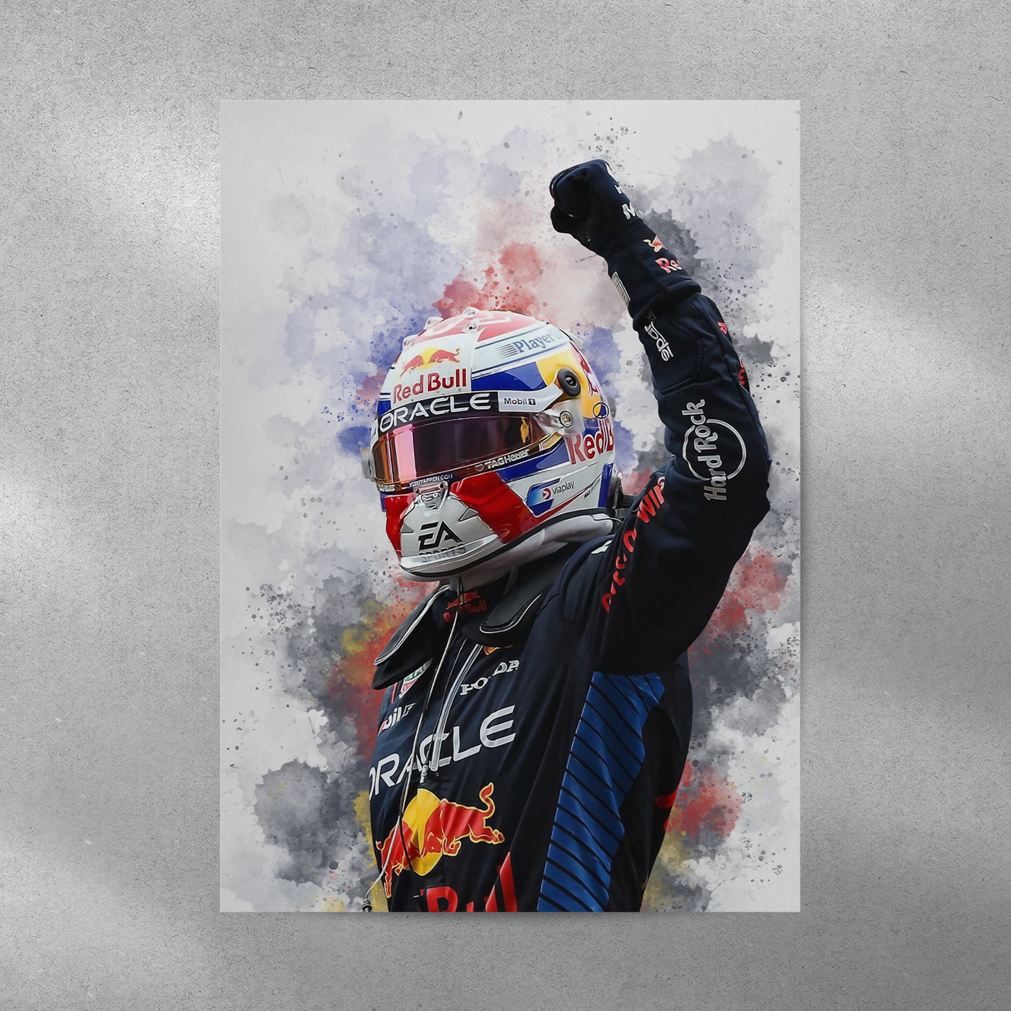 poster mockup on a grey wall. poster of formula 1 driver max verstappen celebrating for red bull.