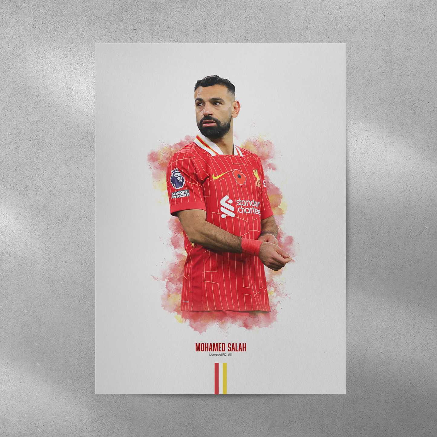 poster mockup on a grey wall. poster of soccer player mohamed salah playing for Liverpool fc.