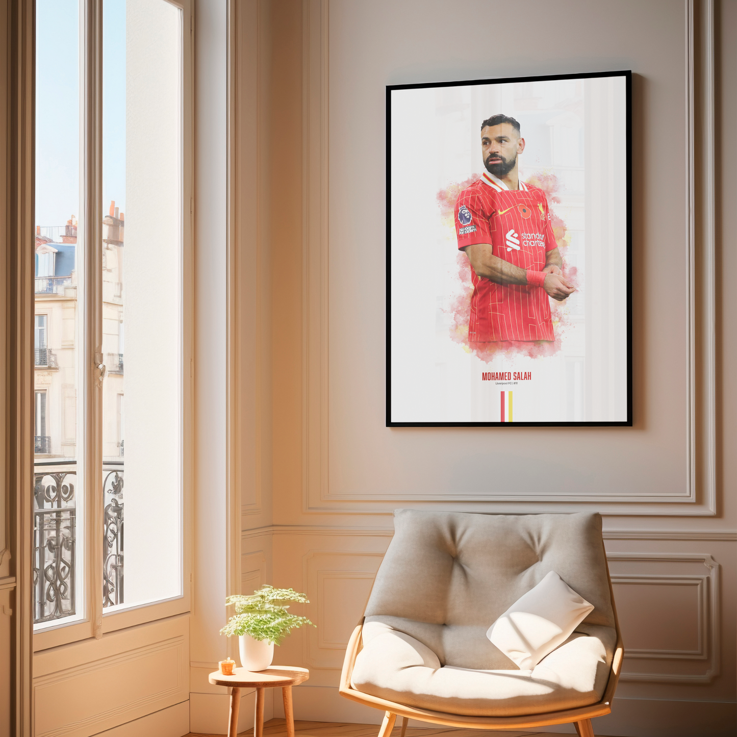 framed poster mockup hanging in a living room. poster of soccer player mohamed salah playing for Liverpool fc.