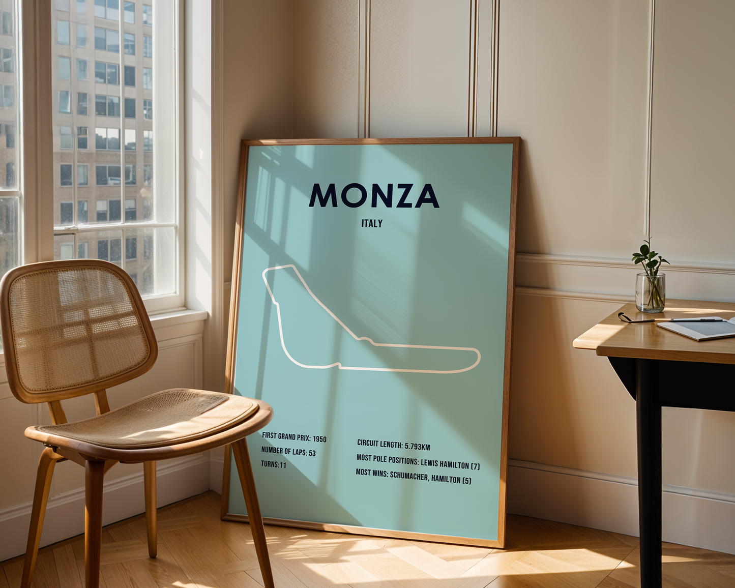 Poster of 'MONZA Italy' in a room with a chair and table.