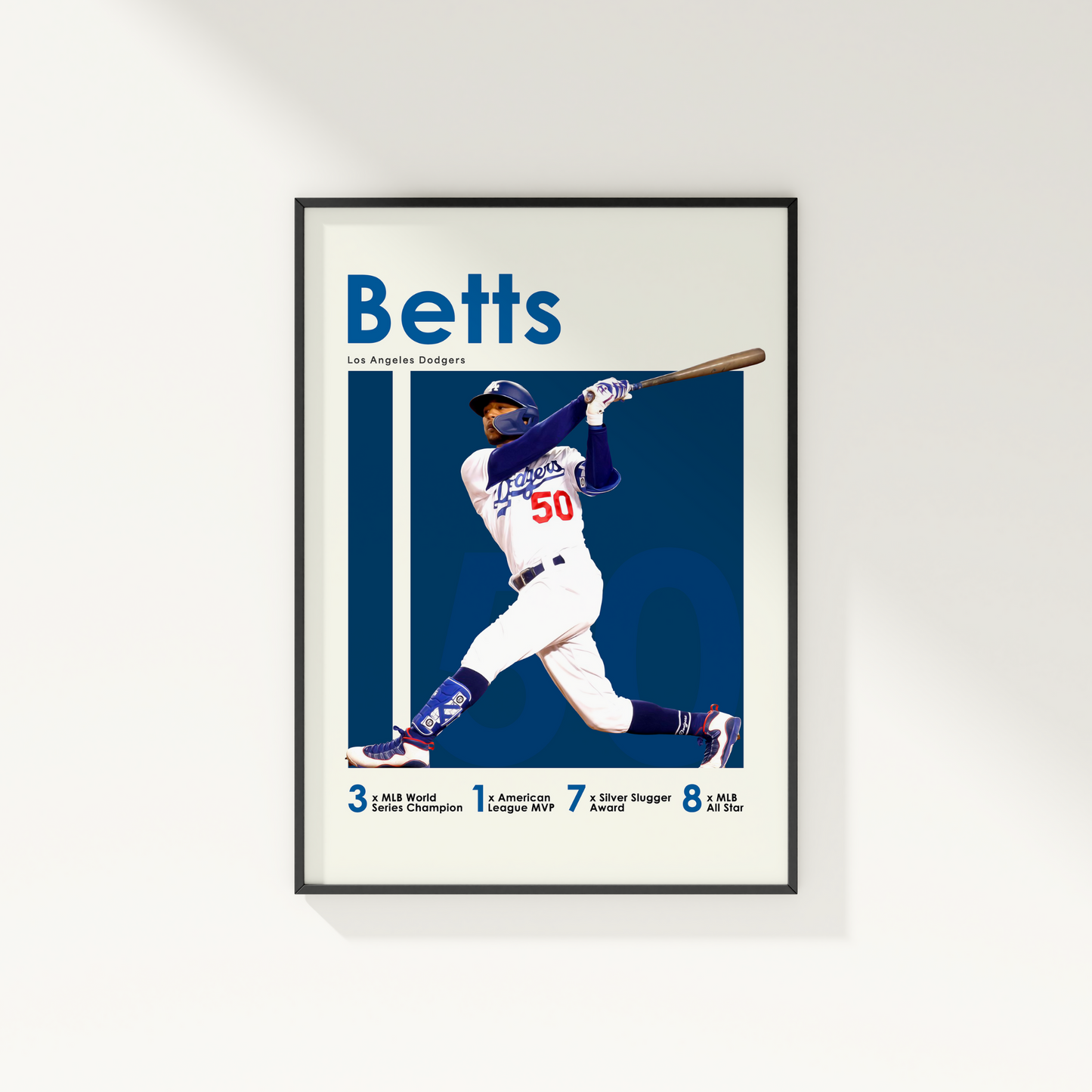 framed poster mockup hanging on a white wall. poster of baseball player mookie betts playing for the Los Angeles Dodgers.