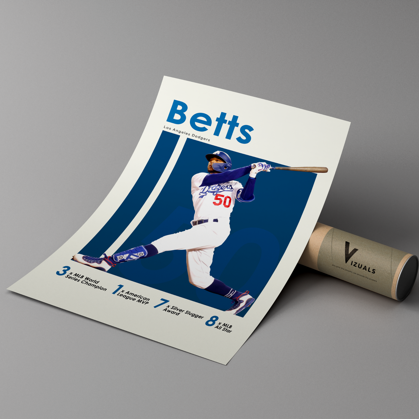 poster mockup leaning on a branded cardboard tube. poster of baseball player mookie betts playing for the Los Angeles Dodgers.