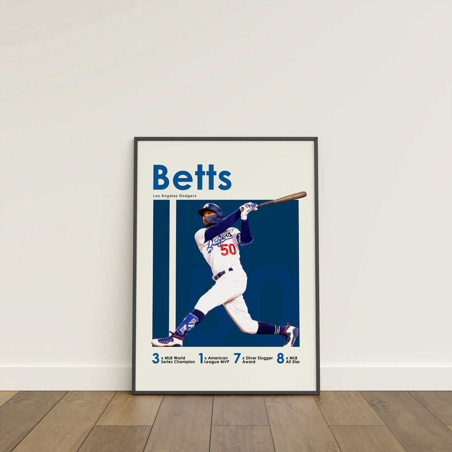framed poster mockup leaning on a white wall. poster of baseball player mookie betts playing for the Los Angeles Dodgers.