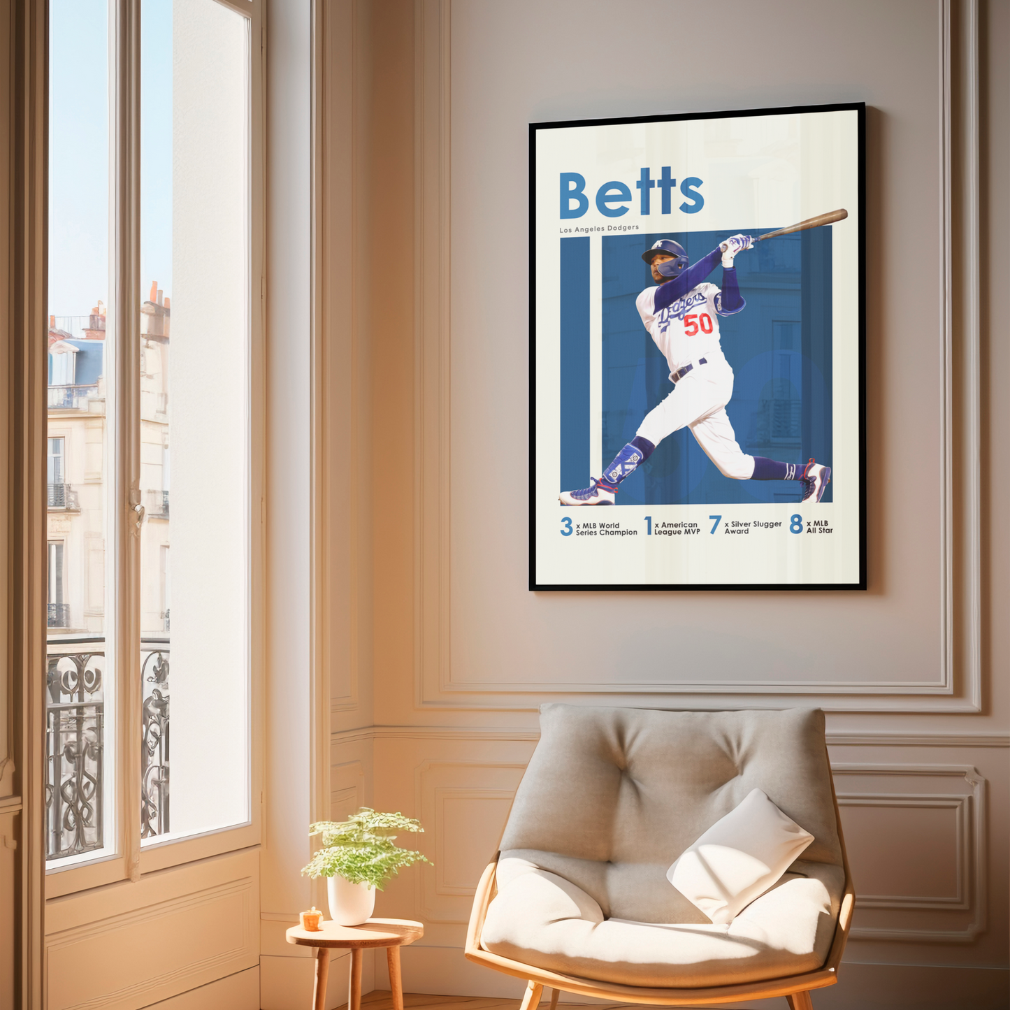 framed poster mockup hanging in a living room. poster of baseball player mookie betts playing for the Los Angeles Dodgers.