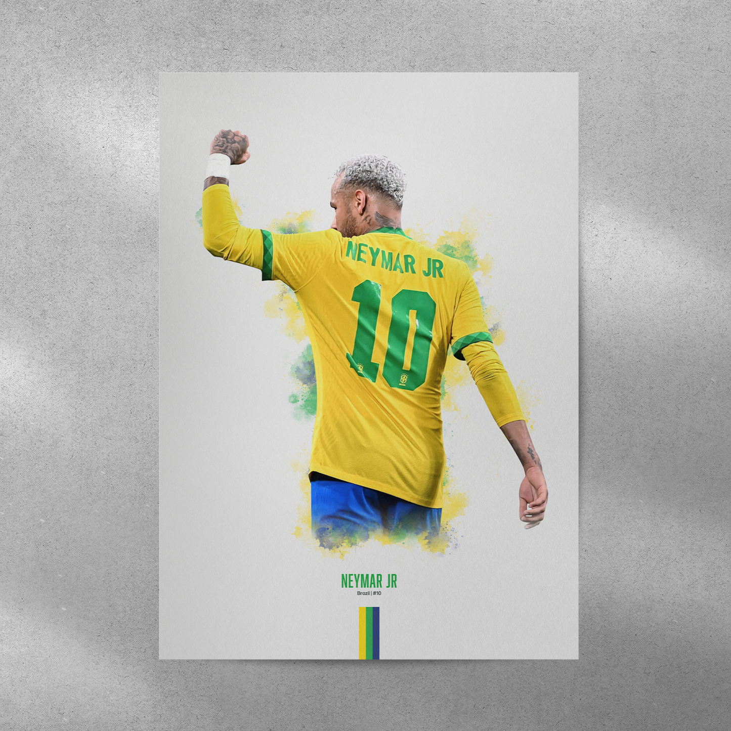 poster mockup on a grey wall. poster of soccer player Neymar Jr celebrating for Brazil.