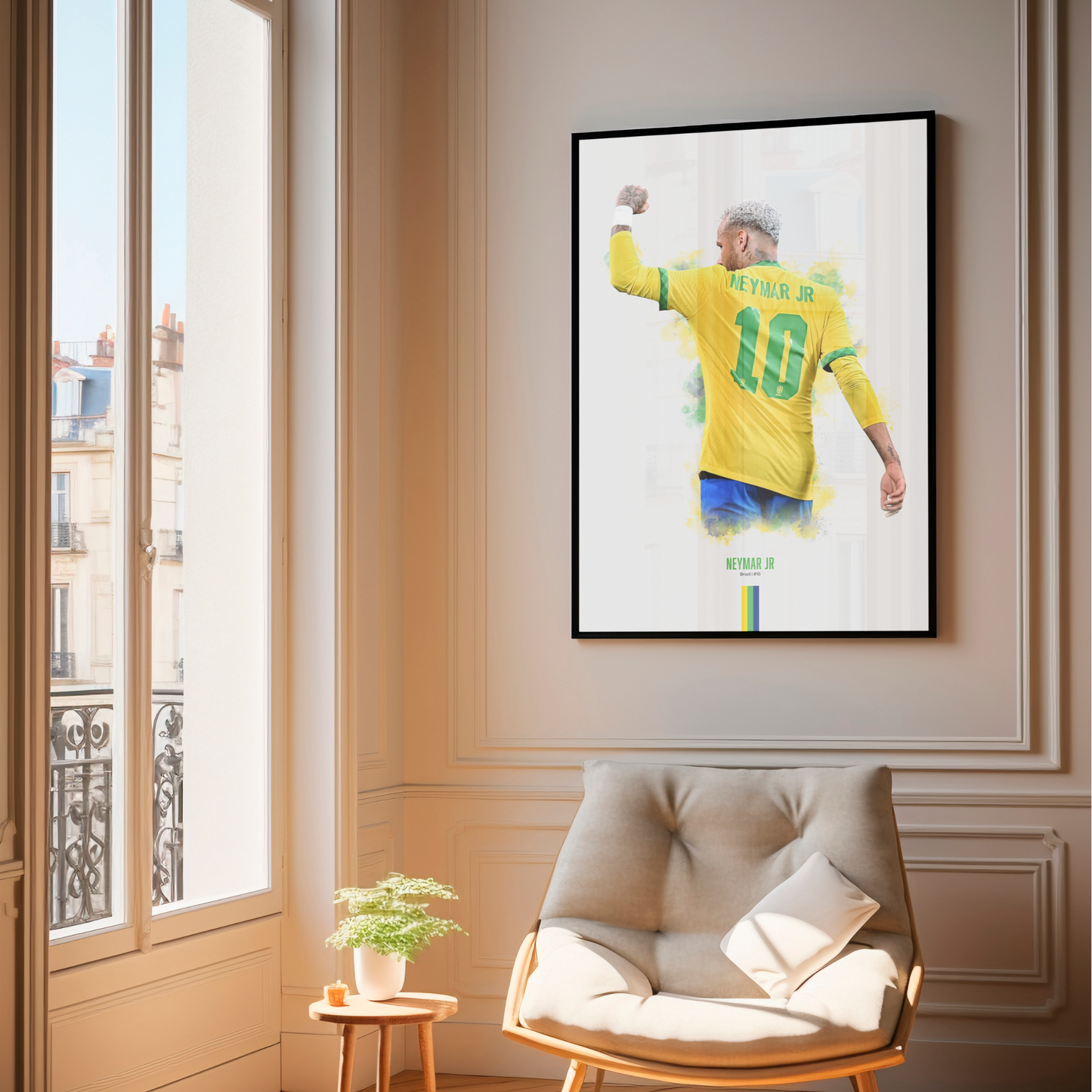 framed poster mockup hanging in a living room. poster of soccer player Neymar Jr celebrating for Brazil.