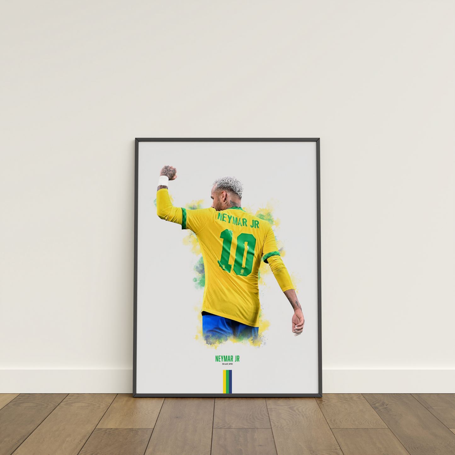 framed poster mockup leaning on a white wall. poster of soccer player Neymar Jr celebrating for Brazil.