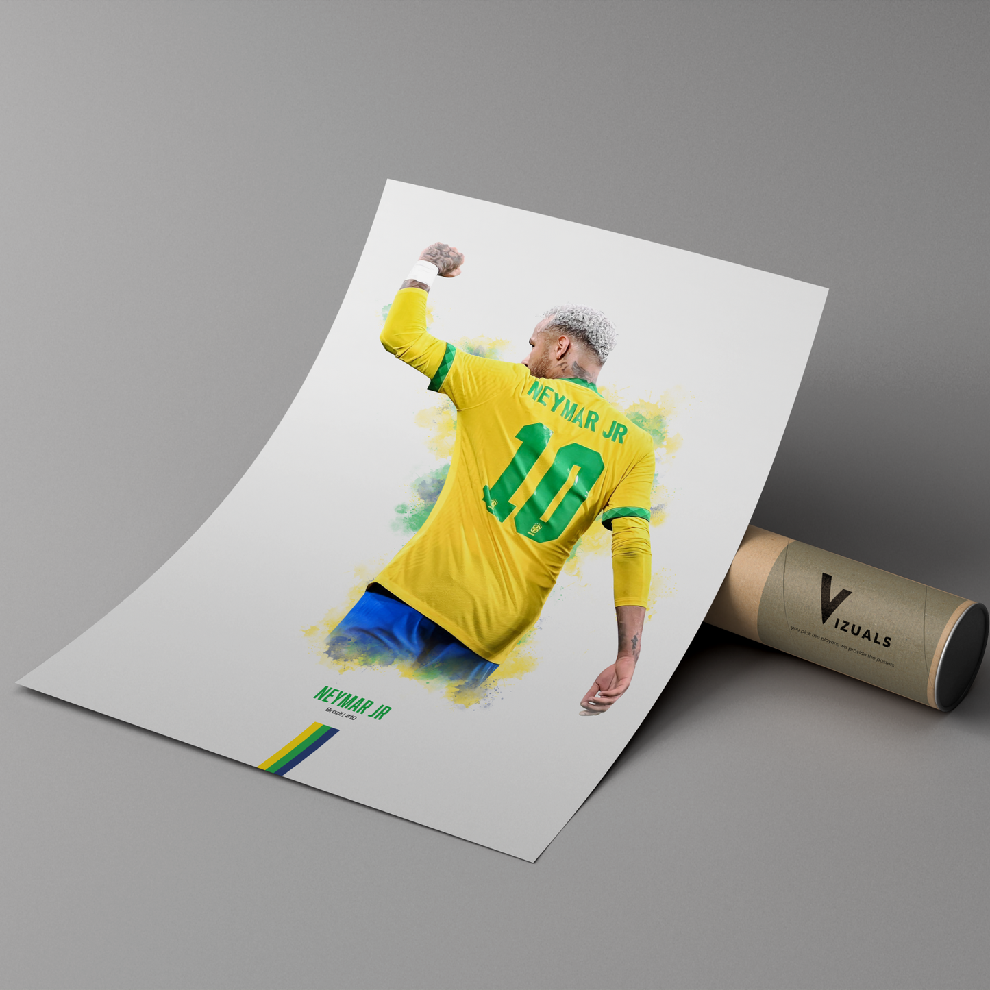 poster mockup leaning on a branded cardboard tube. poster of soccer player Neymar Jr celebrating for Brazil.