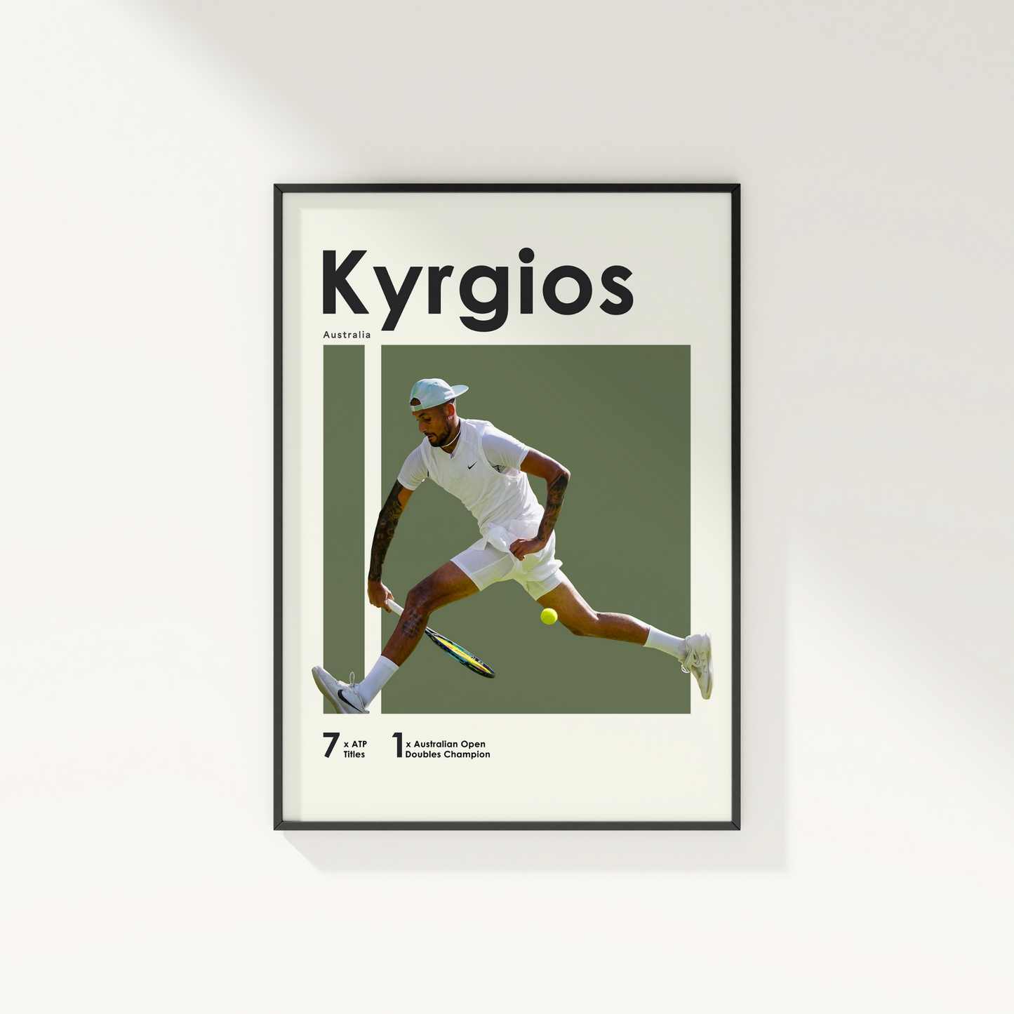 framed poster mockup hanging on a white wall. poster of tennis player Nick Kyrgios.