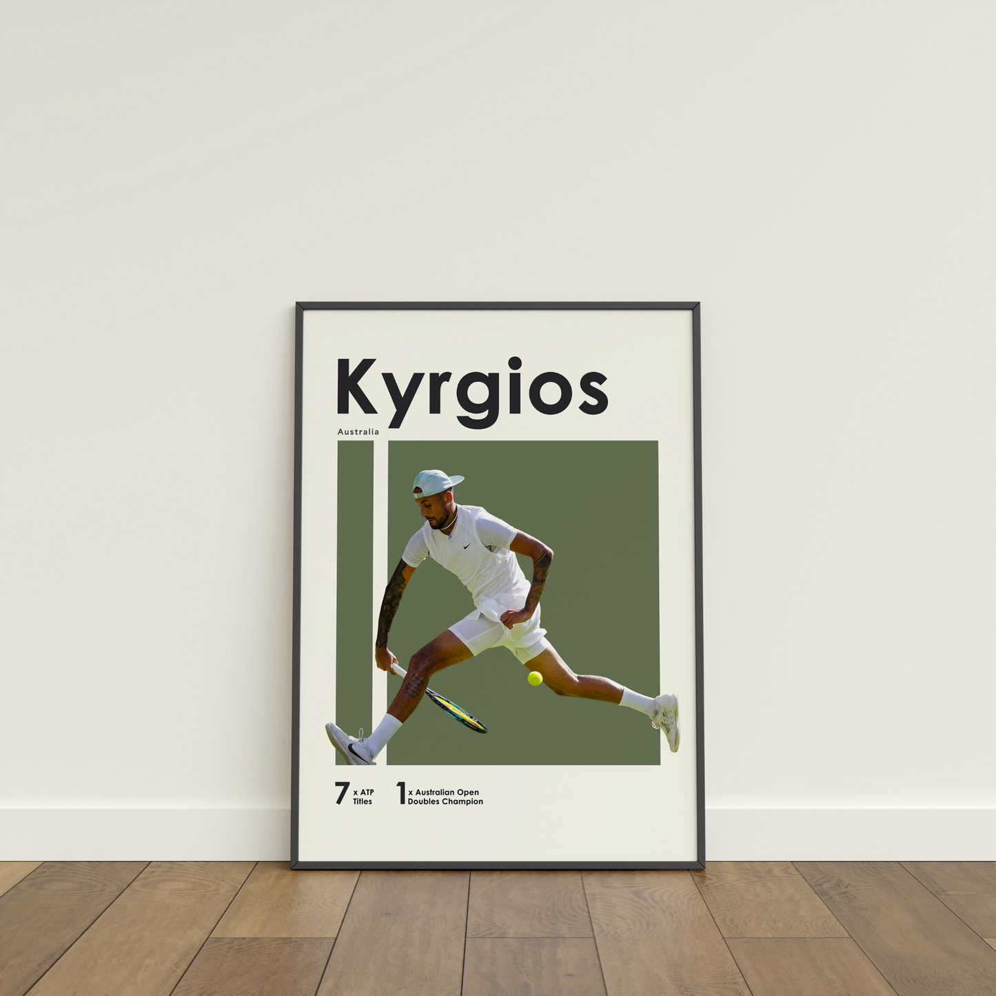 framed poster mockup leaning on a white wall. poster of tennis player Nick Kyrgios.