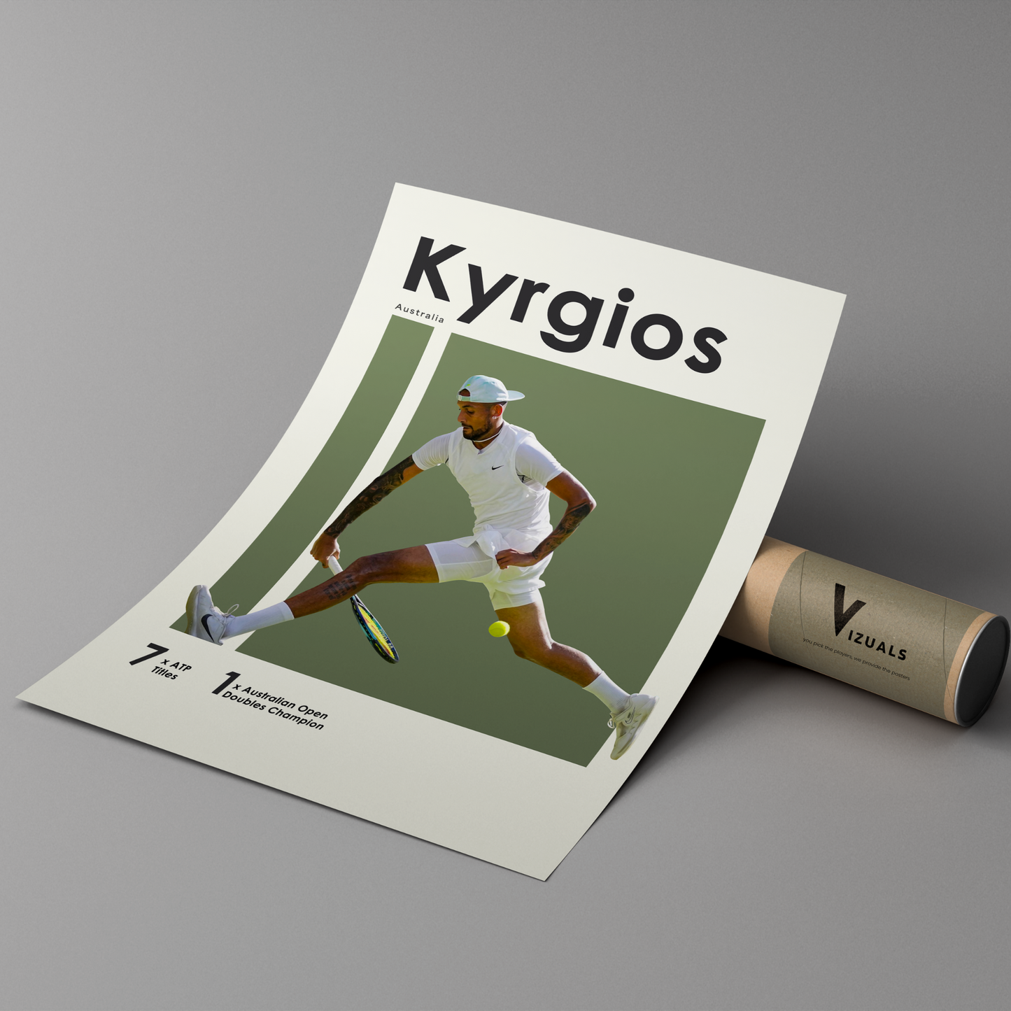 poster mockup leaning on a branded cardboard tube. poster of tennis player Nick Kyrgios.