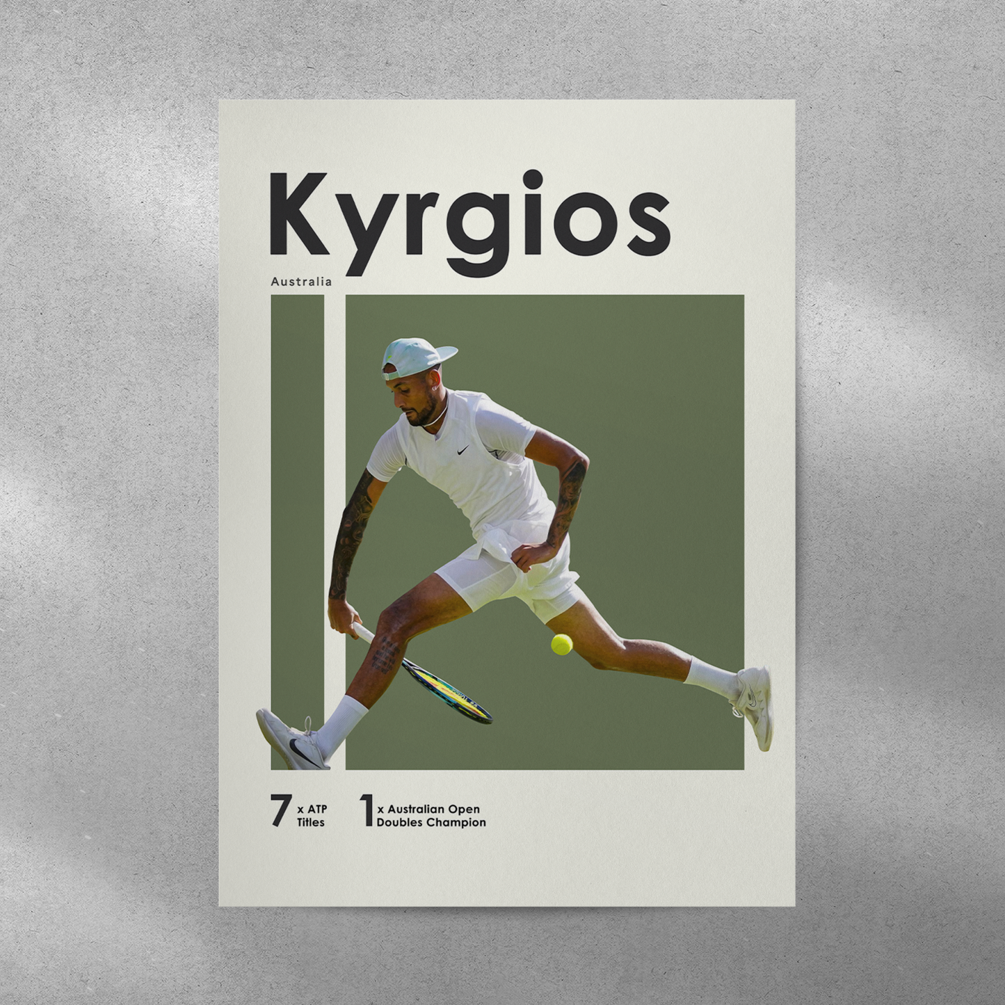 poster mockup on a grey wall. poster of tennis player Nick Kyrgios.