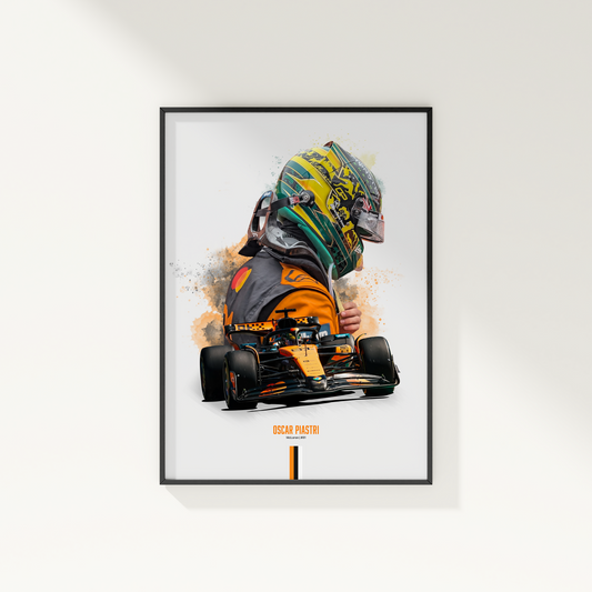 framed poster mockup hanging on a white wall. poster of formula 1 driver oscar piastri.