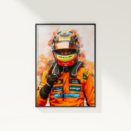 framed poster mockup hanging on a white wall. poster of formula 1 driver oscar piastri celebrating for mclaren.
