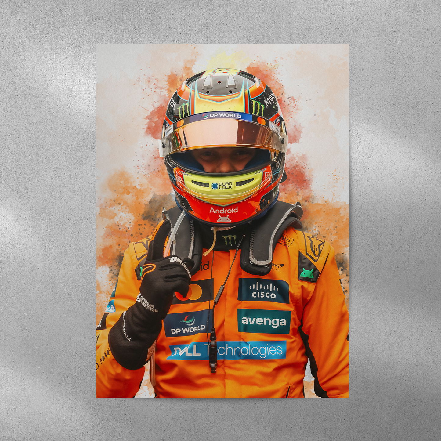 poster mockup on a grey wall. poster of formula 1 driver oscar piastri celebrating for mclaren.