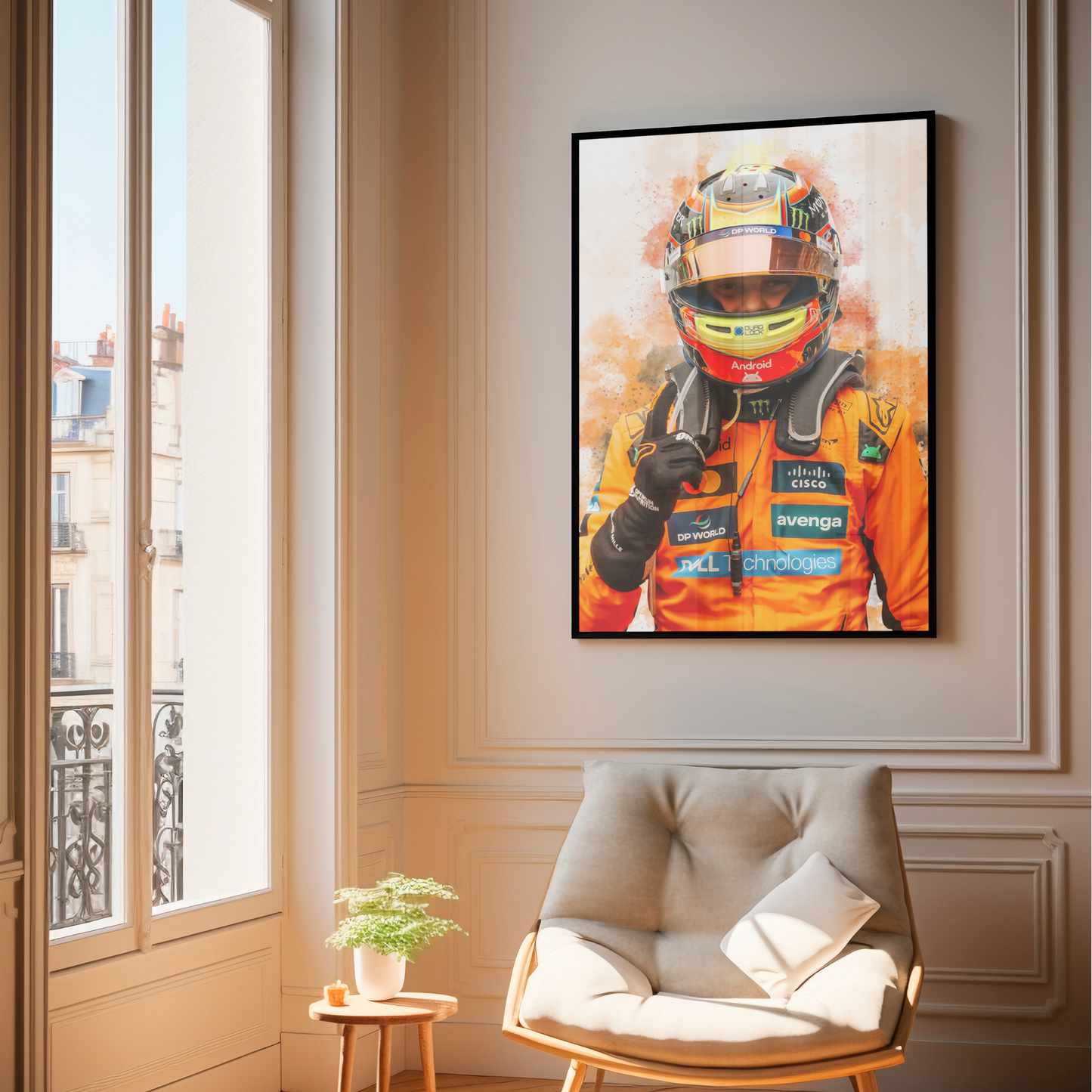 framed poster mockup hanging in a living room. poster of formula 1 driver oscar piastri celebrating for mclaren.