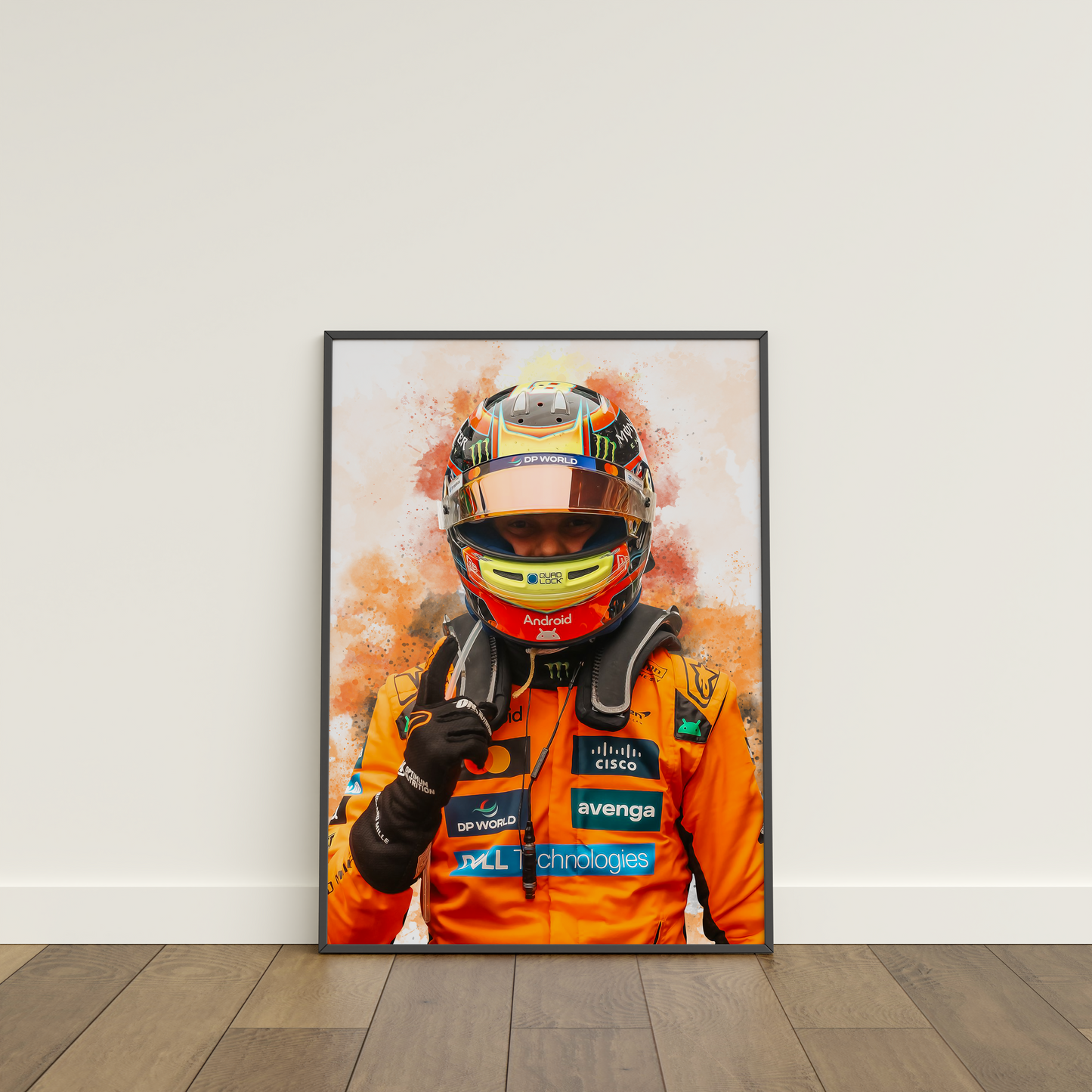 framed poster mockup leaning on a white wall. poster of formula 1 driver oscar piastri celebrating for mclaren.