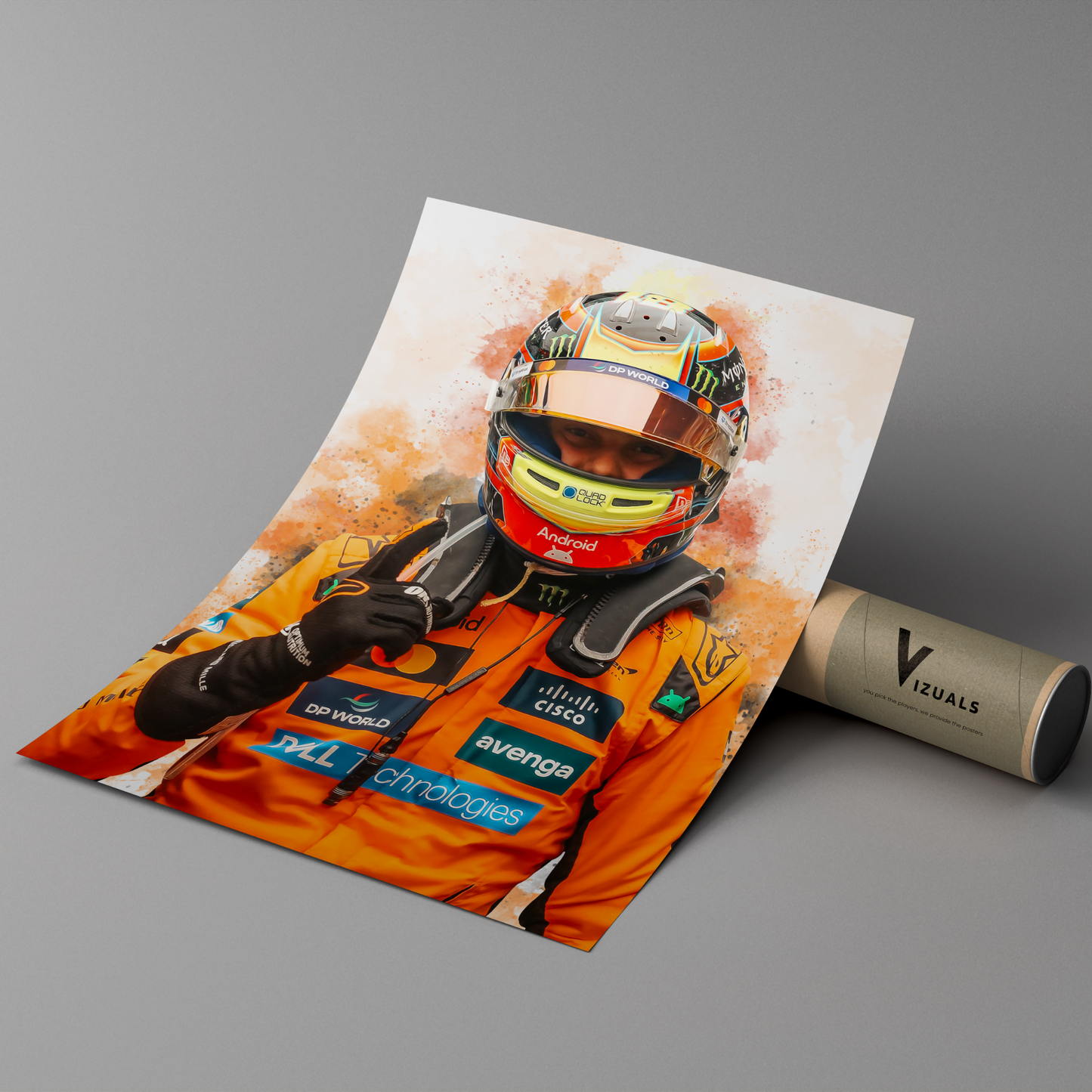 poster mockup leaning on a branded cardboard tube. poster of formula 1 driver oscar piastri celebrating for mclaren.