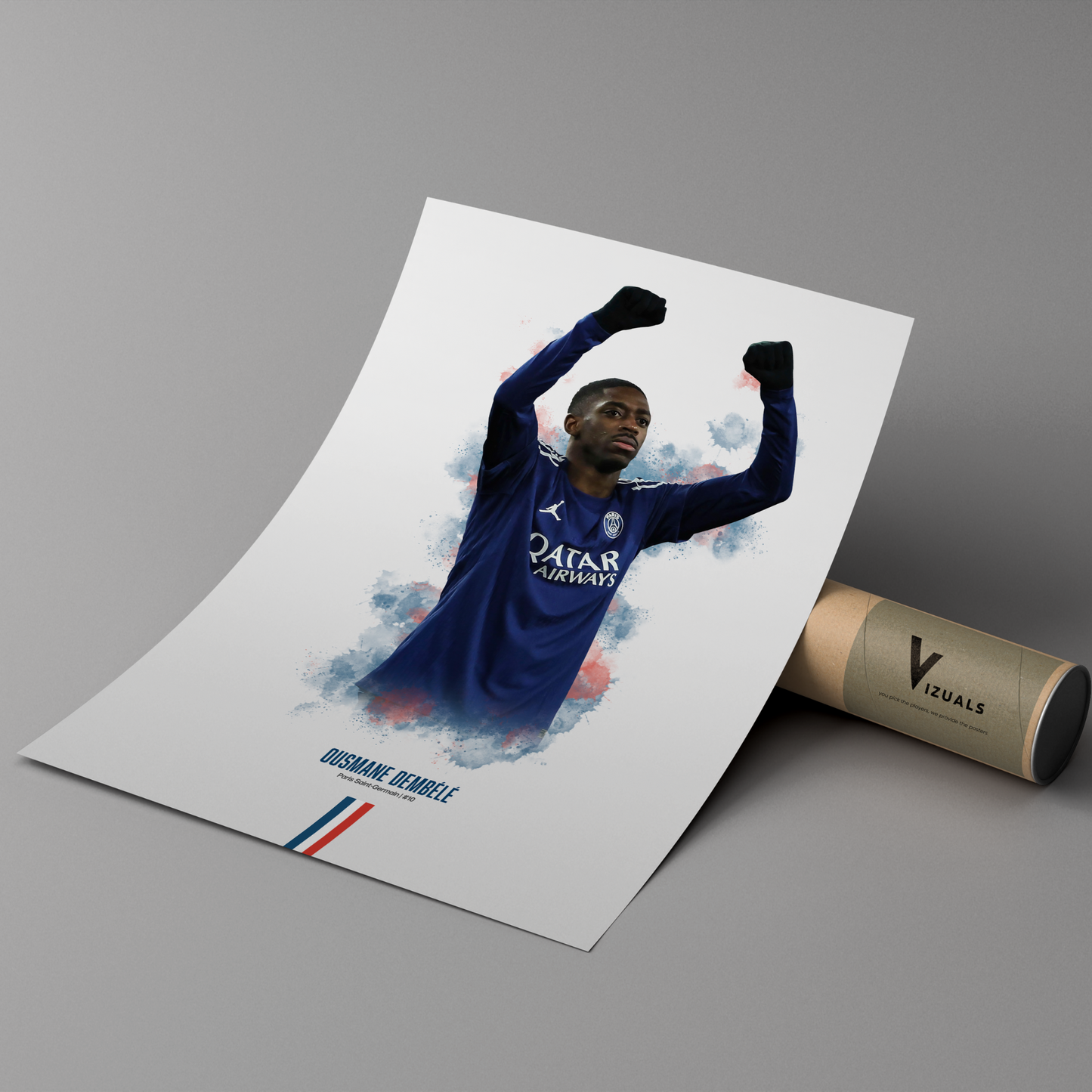 Framed poster print of soccer player Ousmane Dembele, wearing a PSG jersey, on a cardboard tube with 'Vizuals' branding.