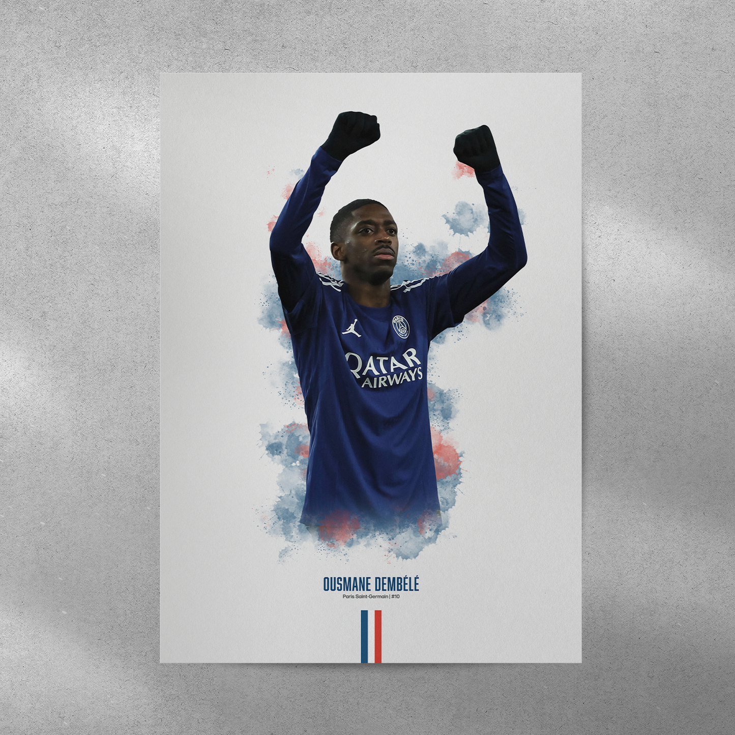 Framed poster print of soccer player Ousmane Dembele, wearing a PSG jersey, on a gray background.