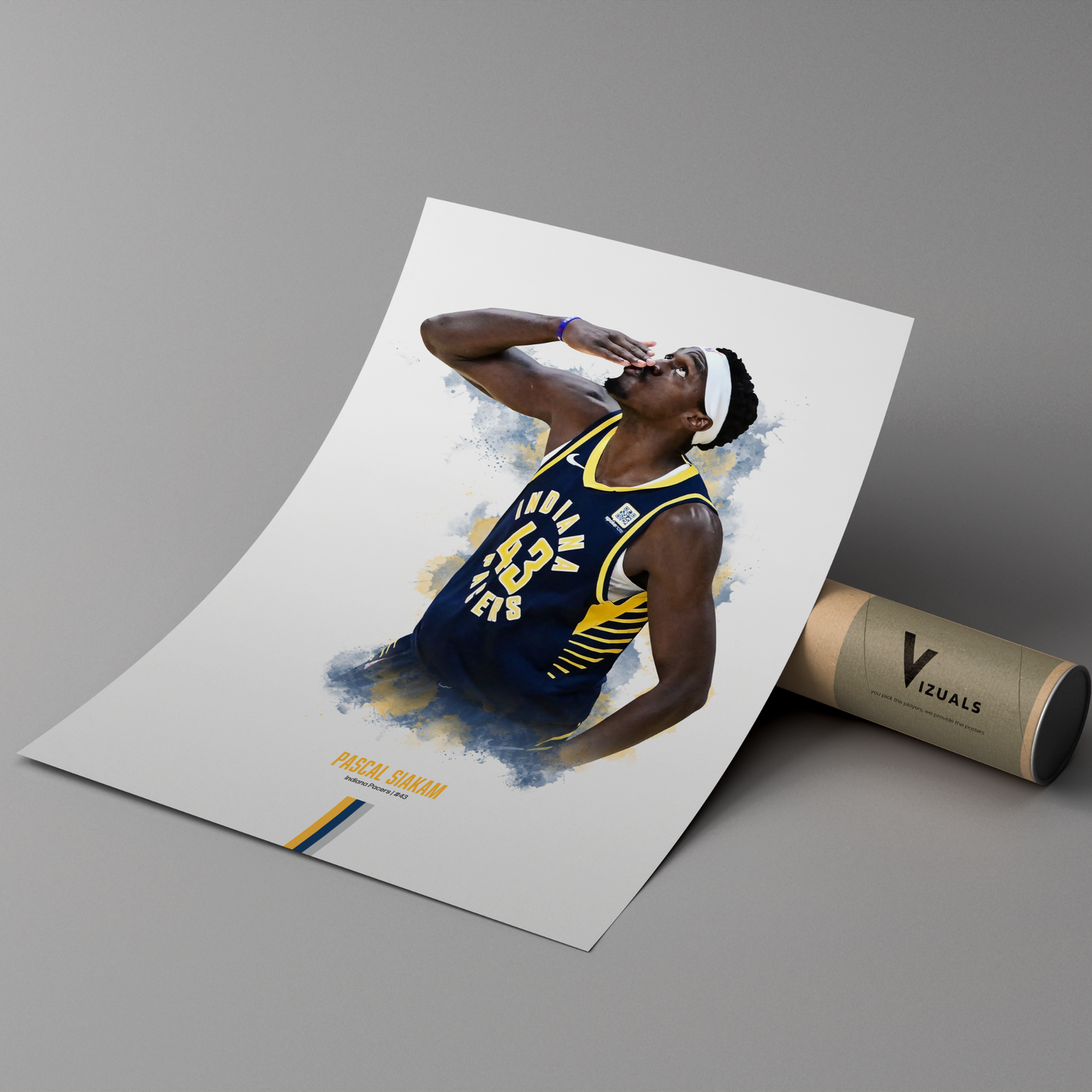 Poster of basketball player Pascal Siakam wearing a Pacers jersey on a cardboard tube with 'Vizuals' branding.