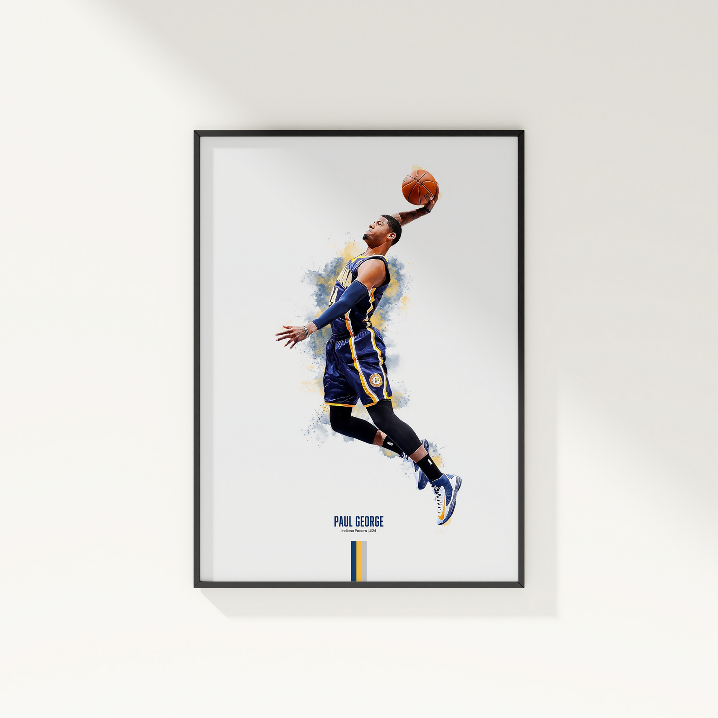 framed poster mockup hanging on a white wall. poster of basketball player paul george dunking for the indiana pacers.