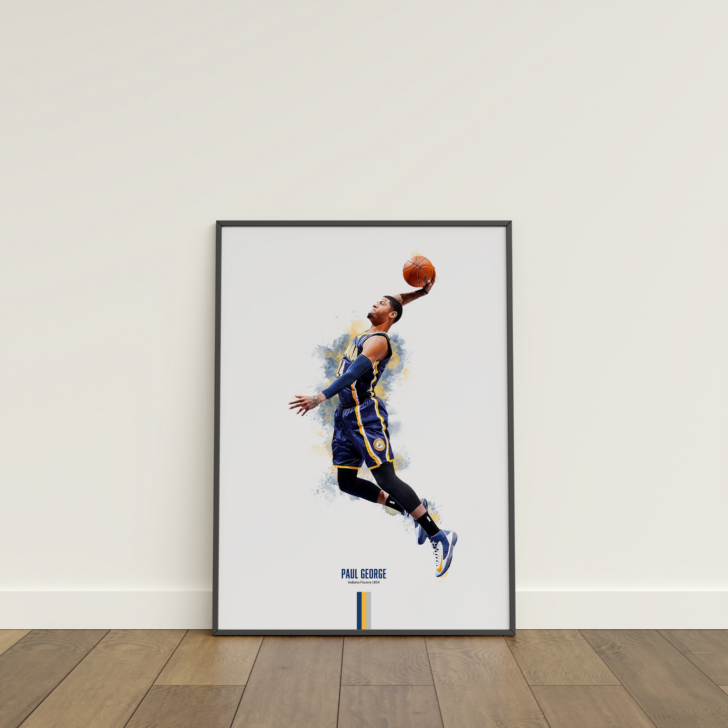 framed poster mockup leaning on a white wall. poster of basketball player paul george dunking for the indiana pacers.