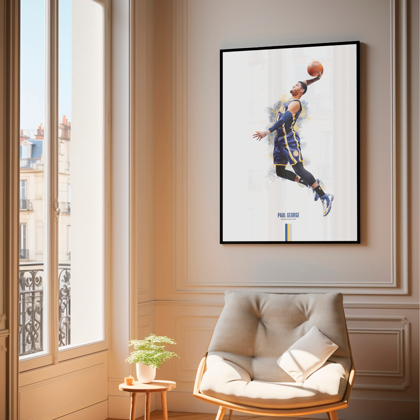 framed poster mockup hanging in a living room. poster of basketball player paul george dunking for the indiana pacers.