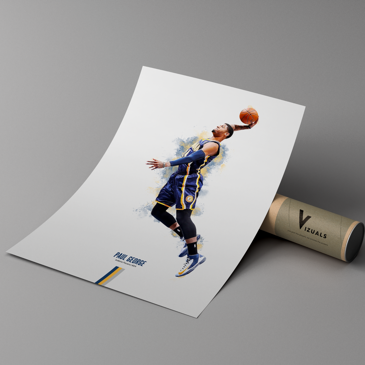 poster mockup leaning on a branded cardboard tube. poster of basketball player paul george dunking for the indiana pacers.