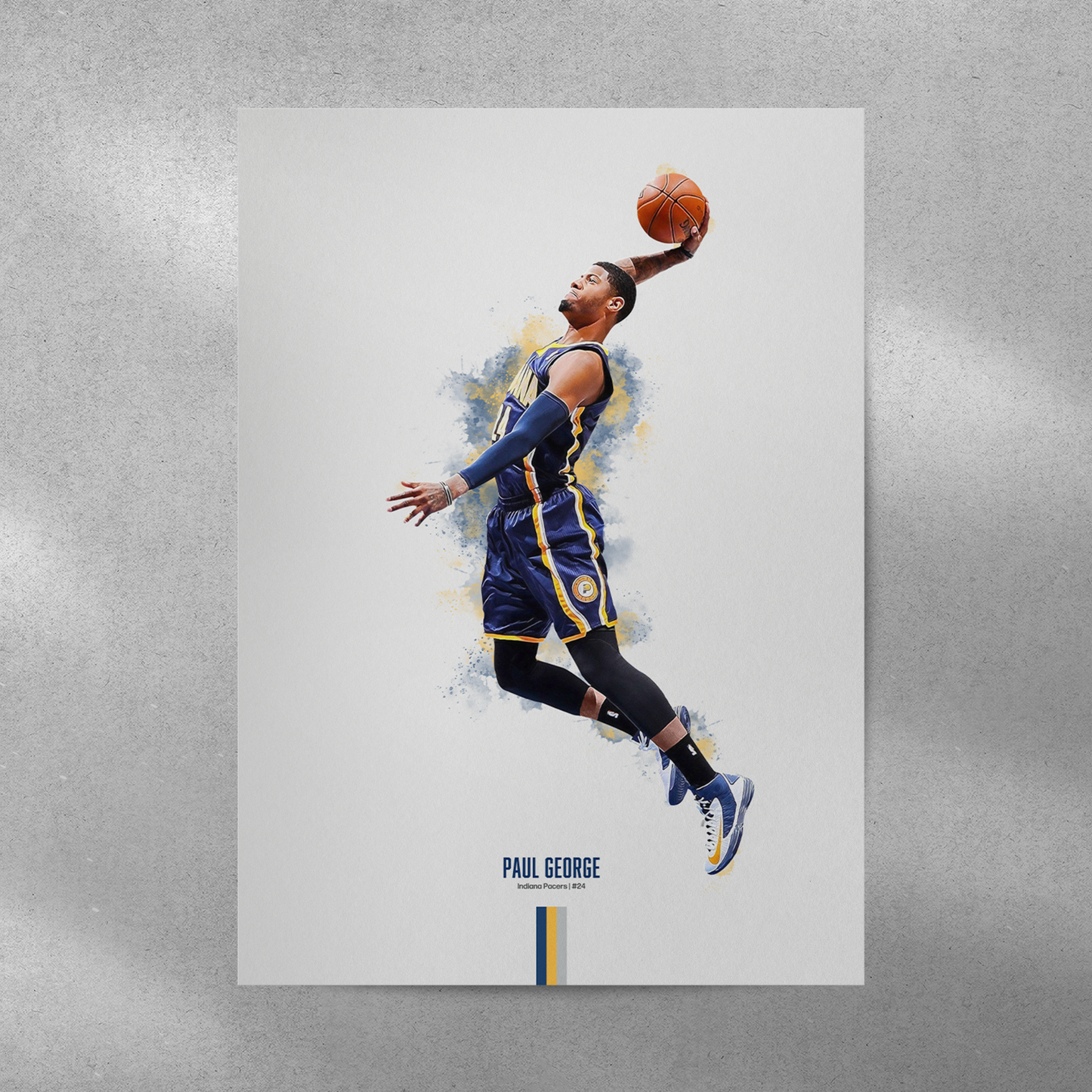 poster mockup on a grey wall. poster of basketball player paul george dunking for the indiana pacers.