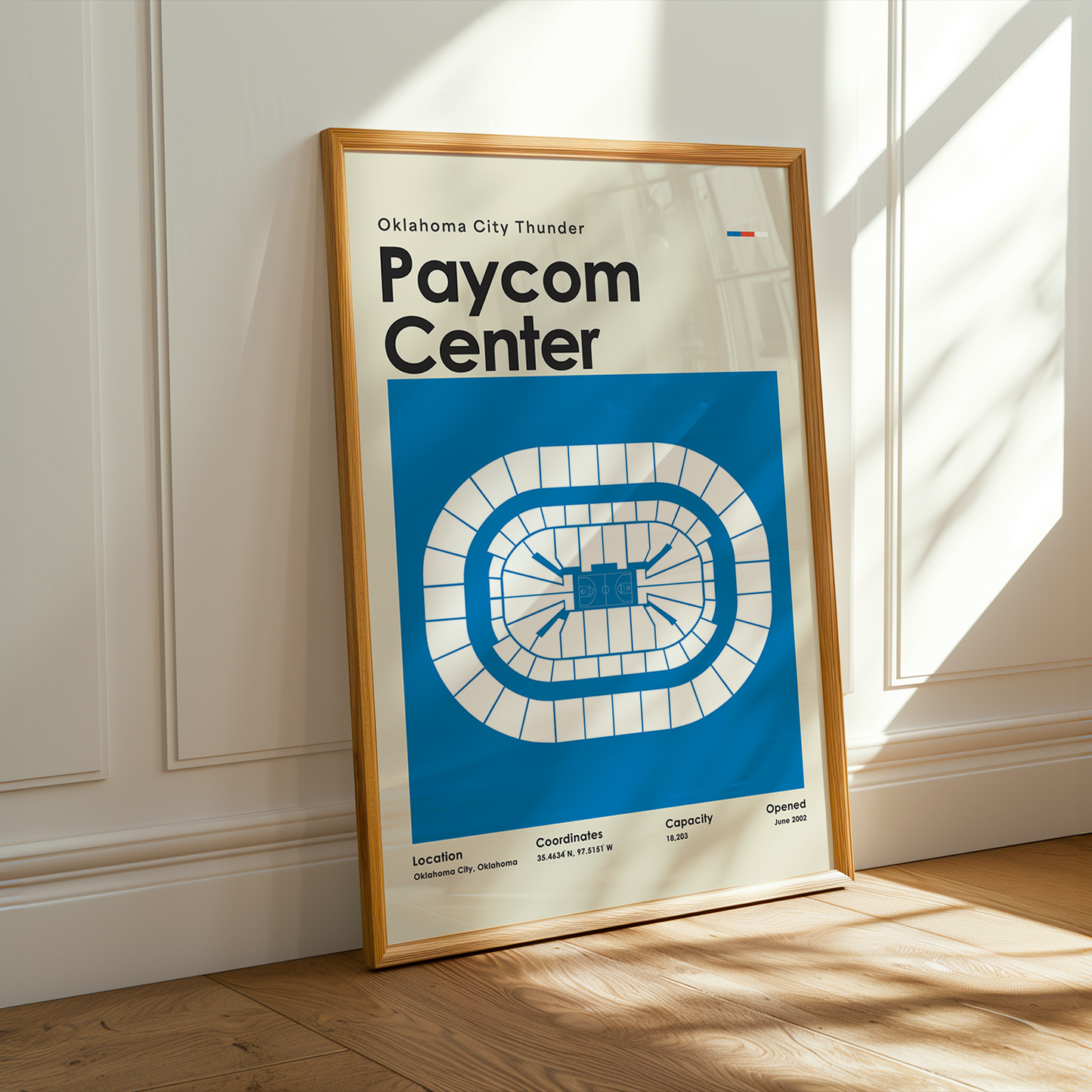 Framed poster of Paycom Center with Oklahoma City Thunder branding on a wall.
