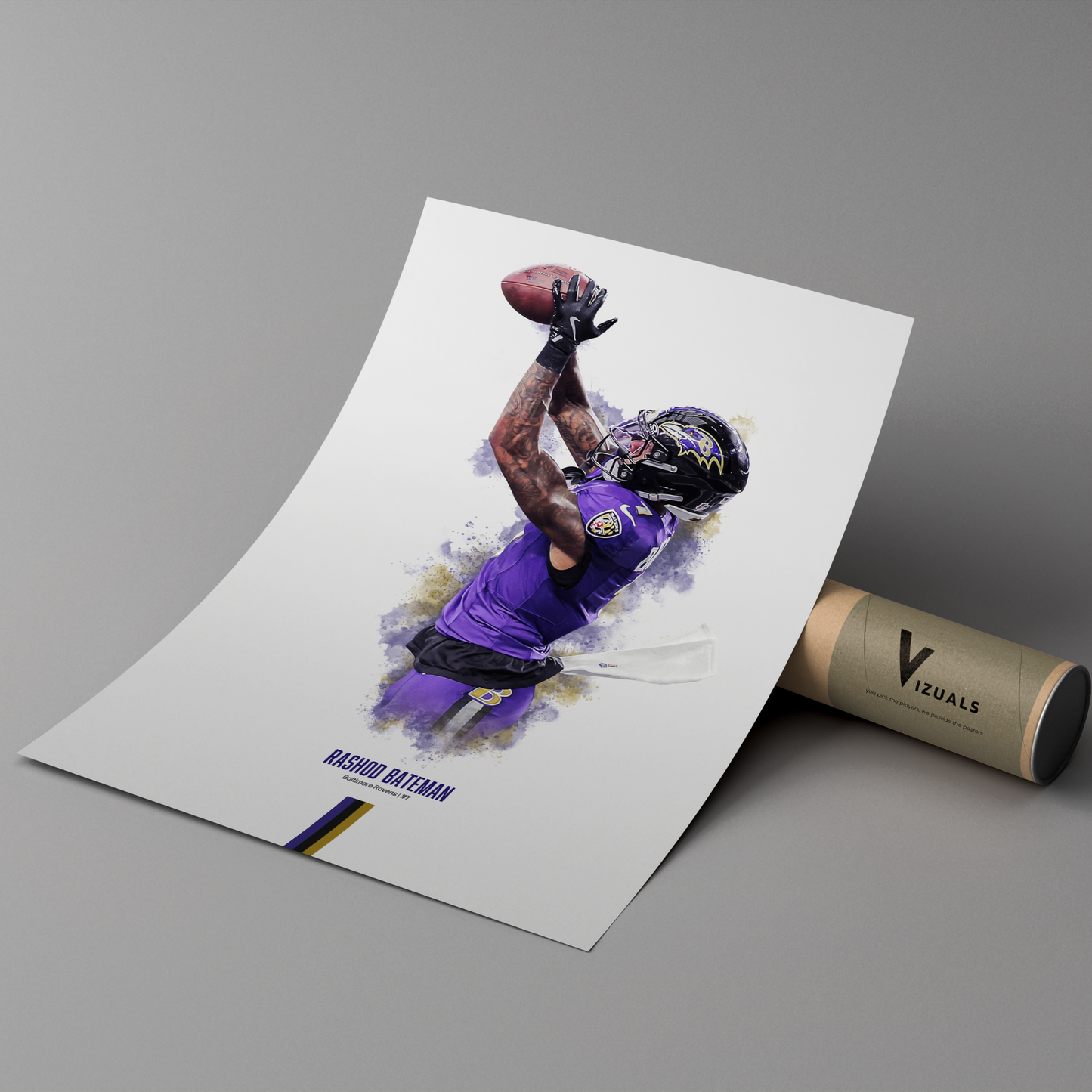 poster mockup leaning on a branded cardboard tube. poster of football player rashod bateman playing for the baltimore ravens.