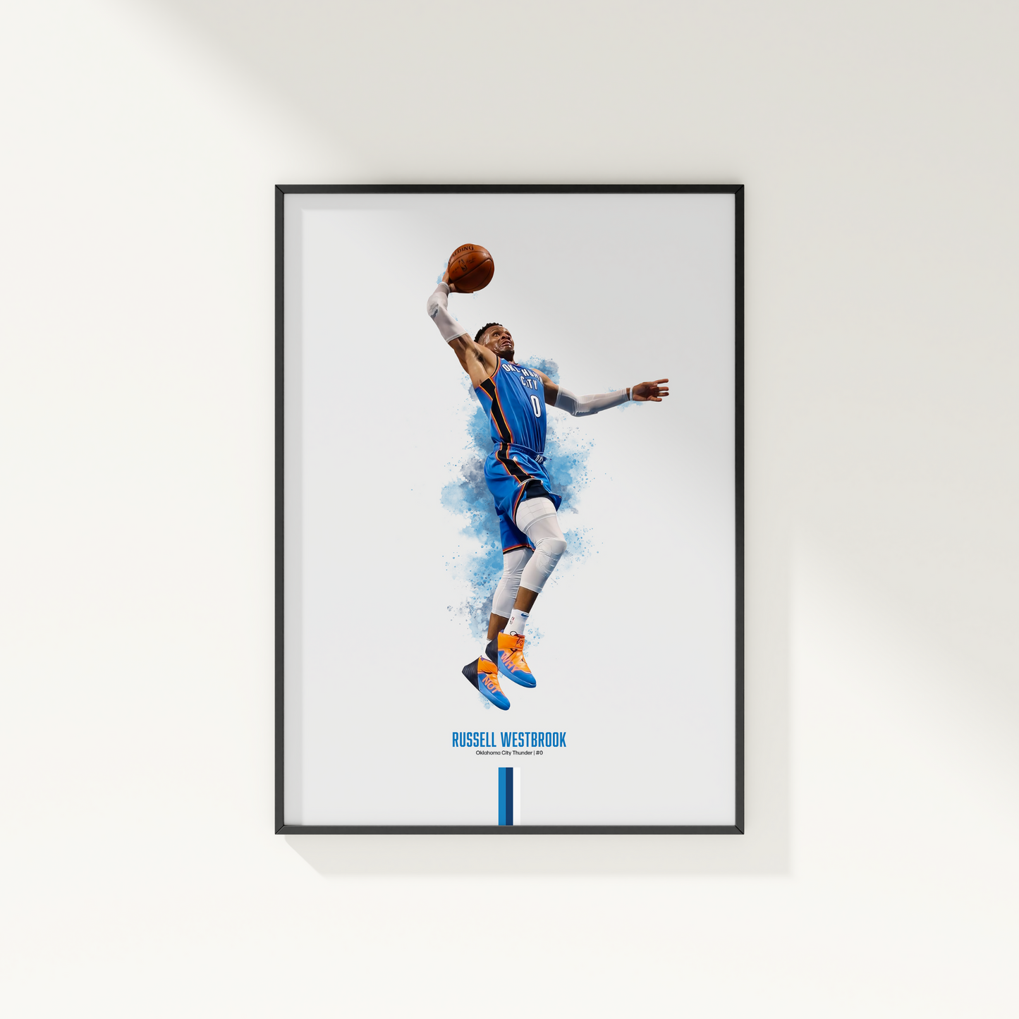 framed poster mockup hanging on a white wall. poster of basketball player russell westbrook dunking for the oklahoma city thunder.