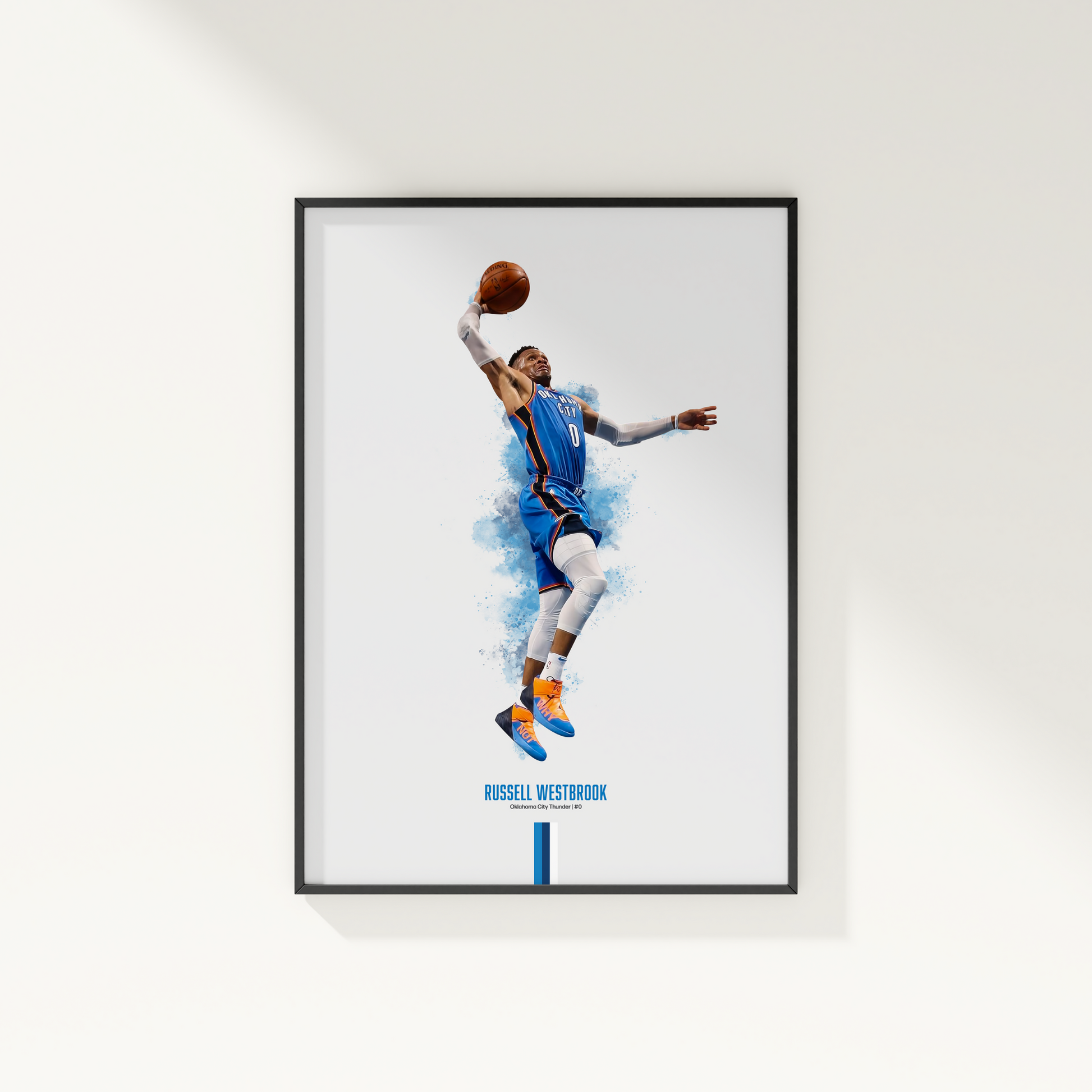 framed poster mockup hanging on a white wall. poster of basketball player russell westbrook dunking for the oklahoma city thunder.