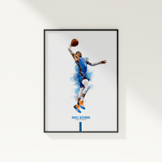framed poster mockup hanging on a white wall. poster of basketball player russell westbrook dunking for the oklahoma city thunder.