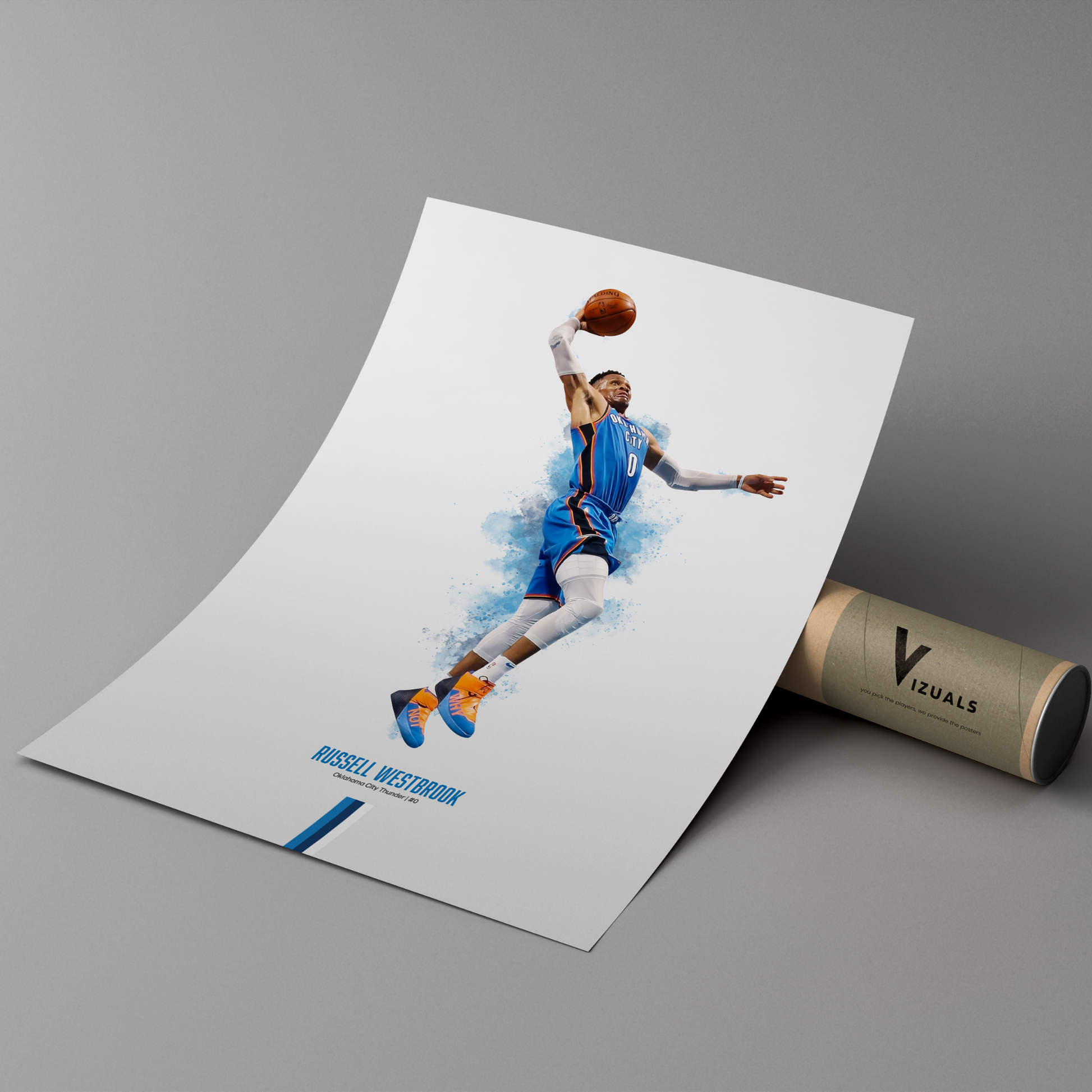 poster mockup leaning on a branded cardboard tube. poster of basketball player russell westbrook dunking for the oklahoma city thunder.