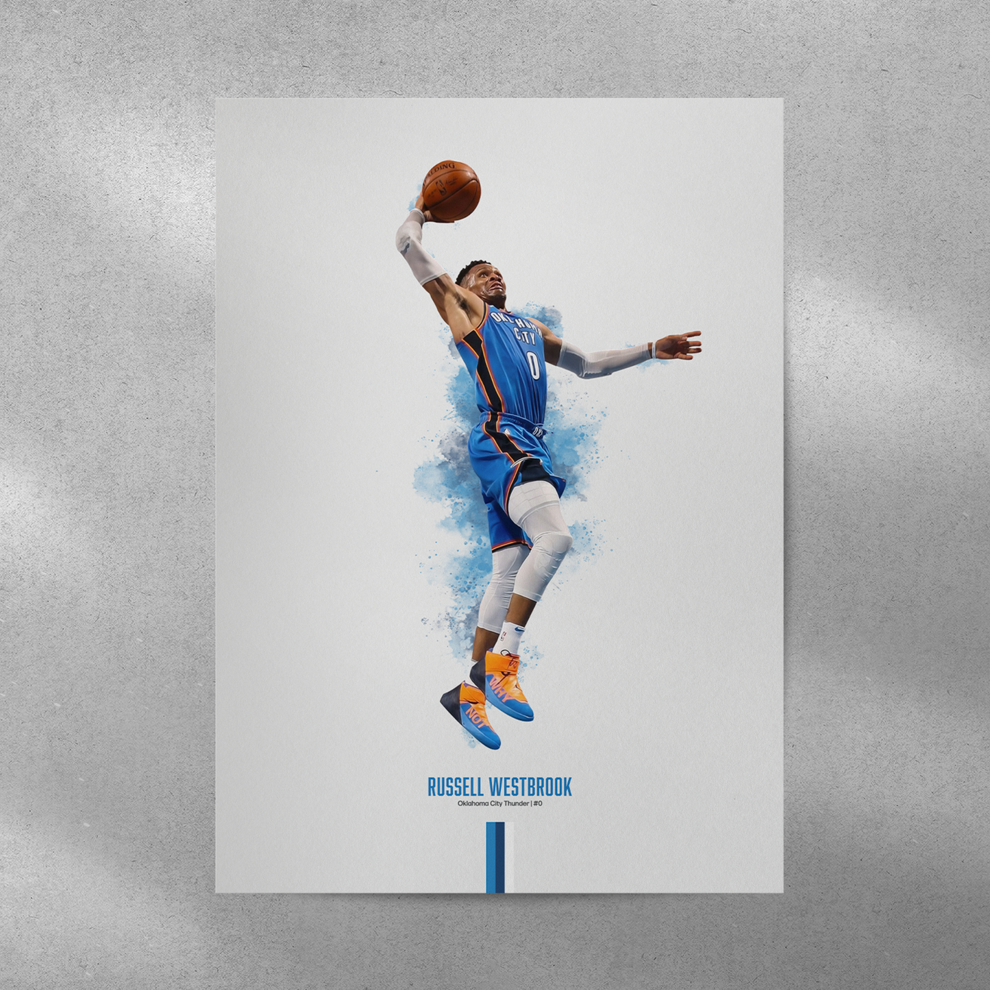 poster mockup on a grey wall. poster of basketball player russell westbrook dunking for the oklahoma city thunder.