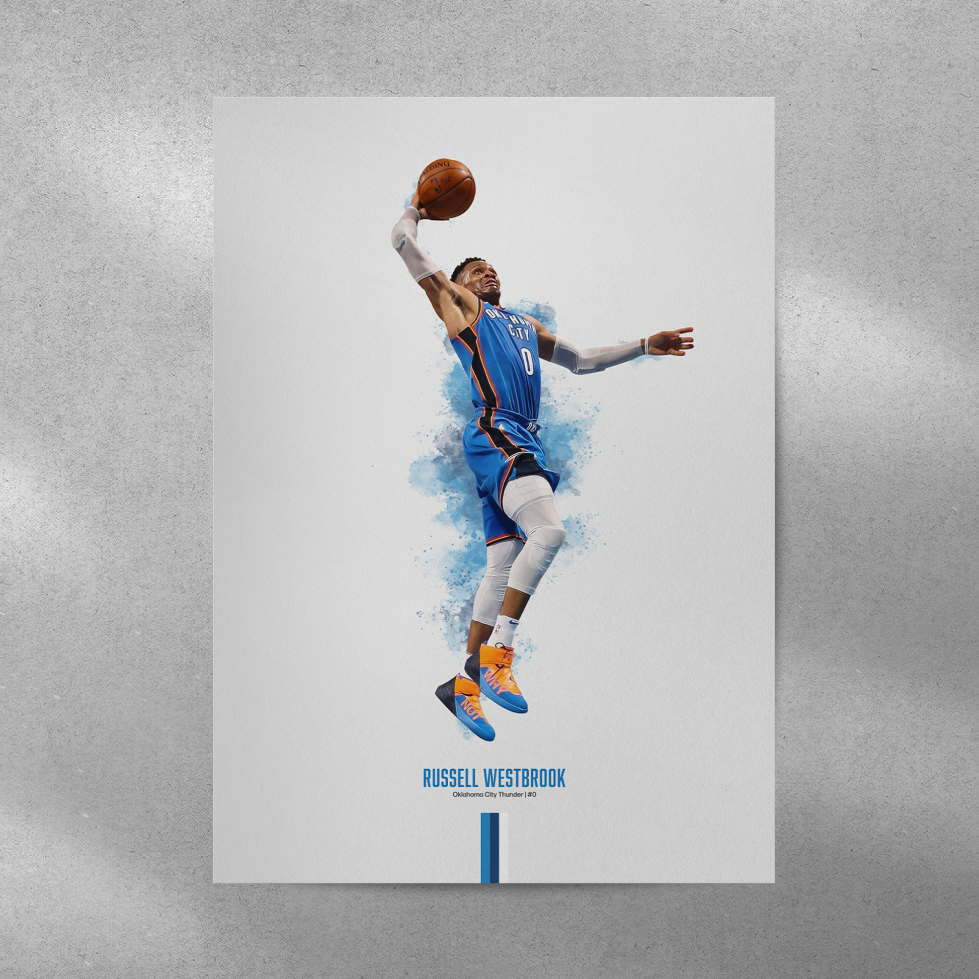 poster mockup on a grey wall. poster of basketball player russell westbrook dunking for the oklahoma city thunder.