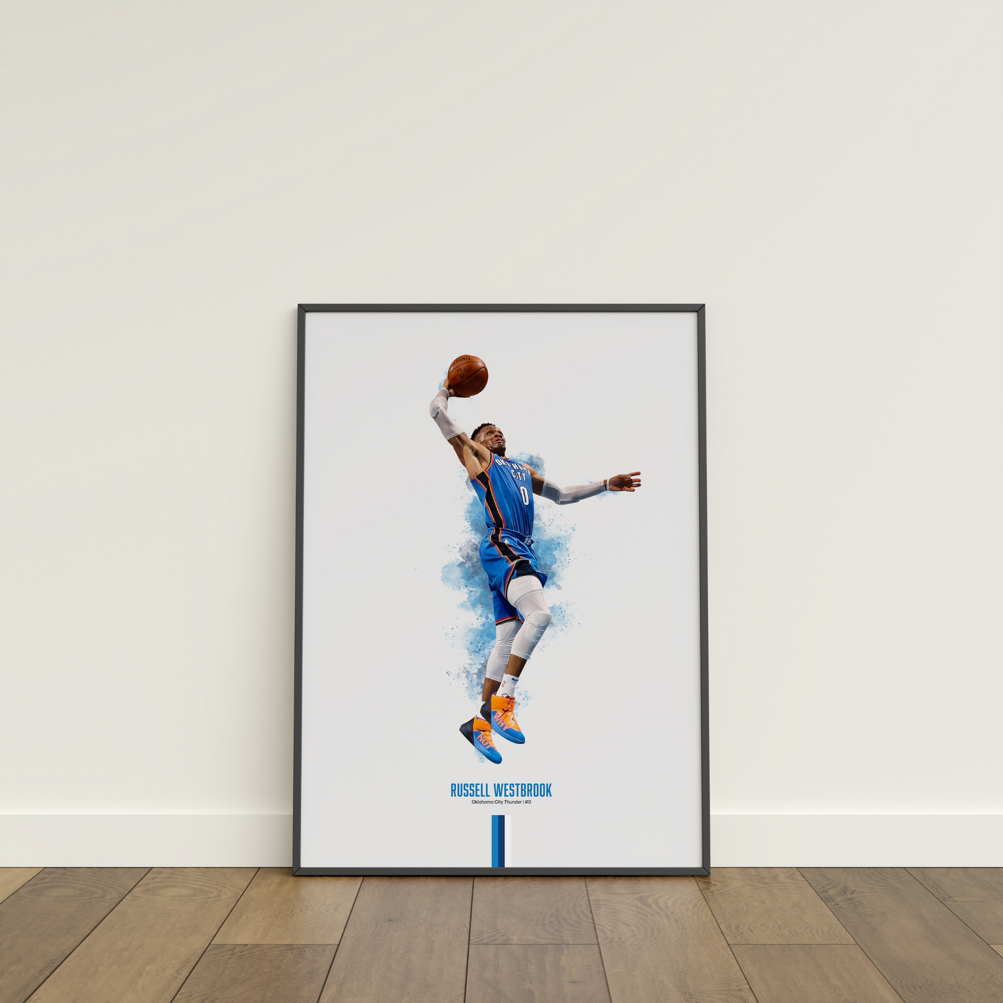 framed poster mockup leaning on a white wall. poster of basketball player russell westbrook dunking for the oklahoma city thunder.