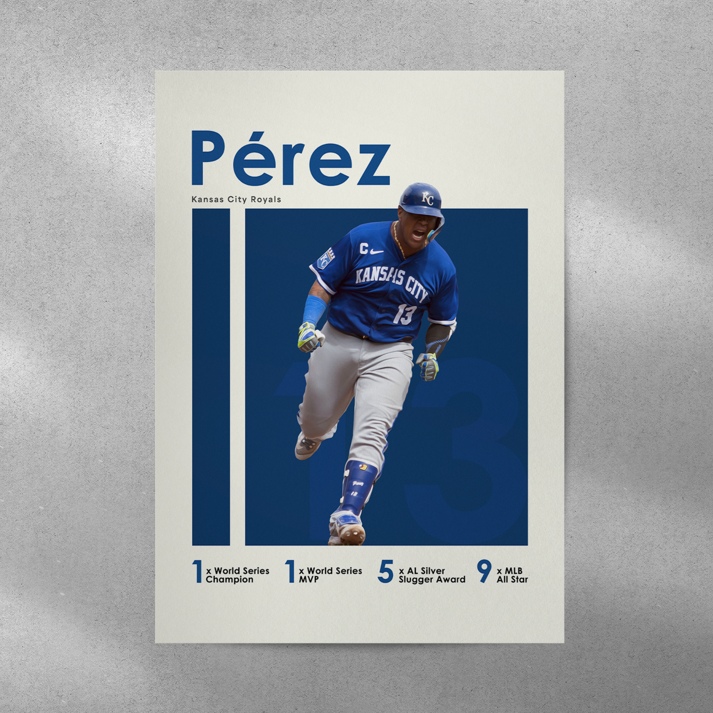 poster mockup on a grey wall. poster of baseball player salvador perez celebrating for the kansas city royals.