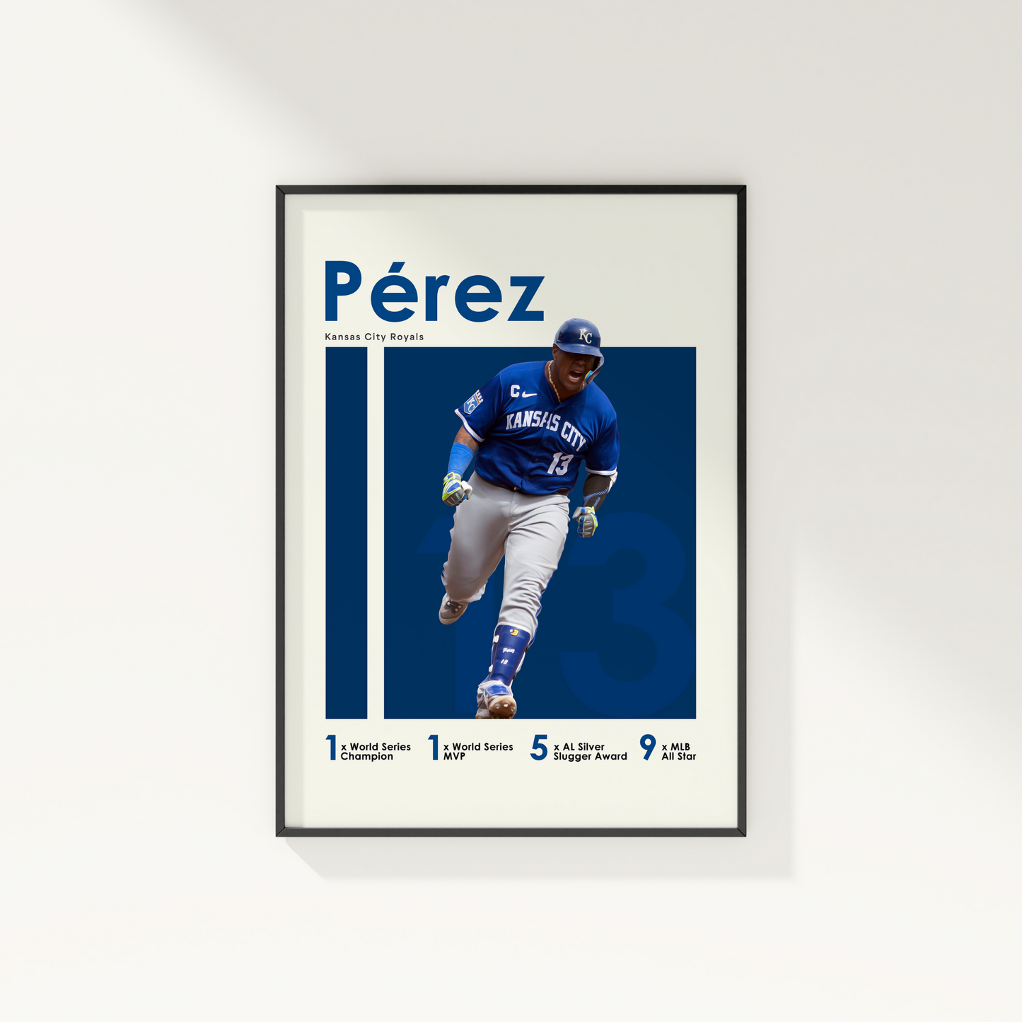 framed poster mockup hanging on a white wall. poster of baseball player salvador perez celebrating for the kansas city royals.