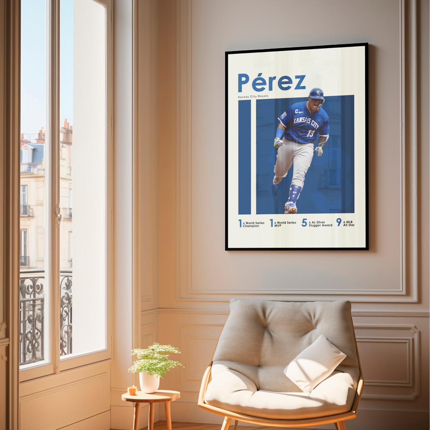 framed poster mockup hanging in a living room. poster of baseball player salvador perez celebrating for the kansas city royals.